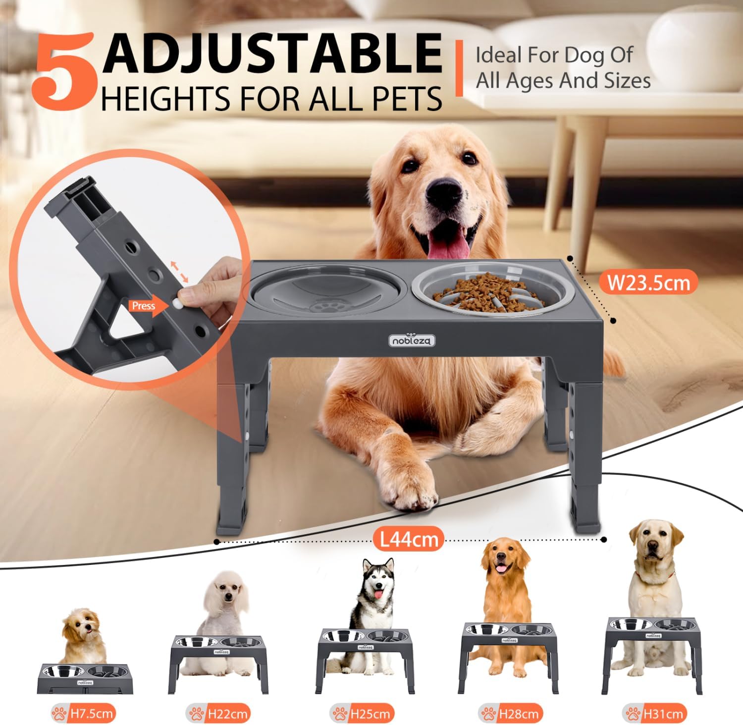 Nobleza Elevated Dog Feeder with 5 Adjustable Heights, 1 x 800 ml Non-Drip Feeder Drinker, 1 x 1100 ml Steel Drinking Bowl and 1 x 800 ml Anti-Dripping Dog Feeder, Grey