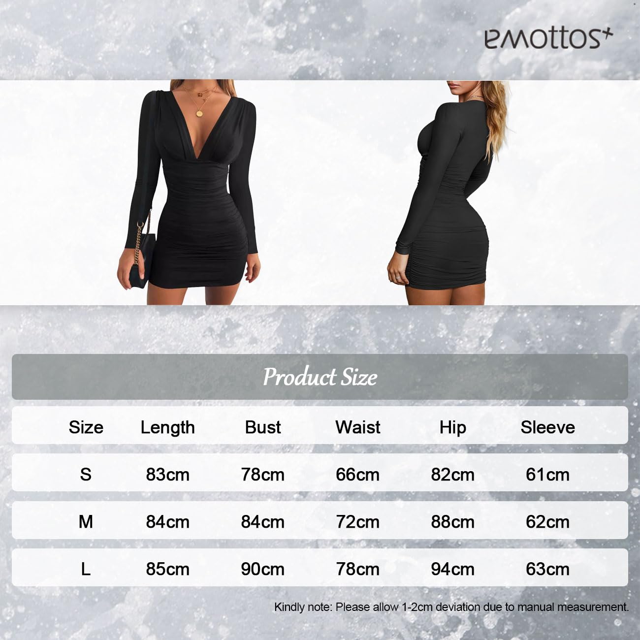 Women Mini Wrap Dress, Sexy Hip-Hugging Ruched Dresses, Soft Deep V Neck/One Shoulder Bodycon Long Sleeve Pencil Dress, Club Cocktail Party Dress(2 Style, S-L)