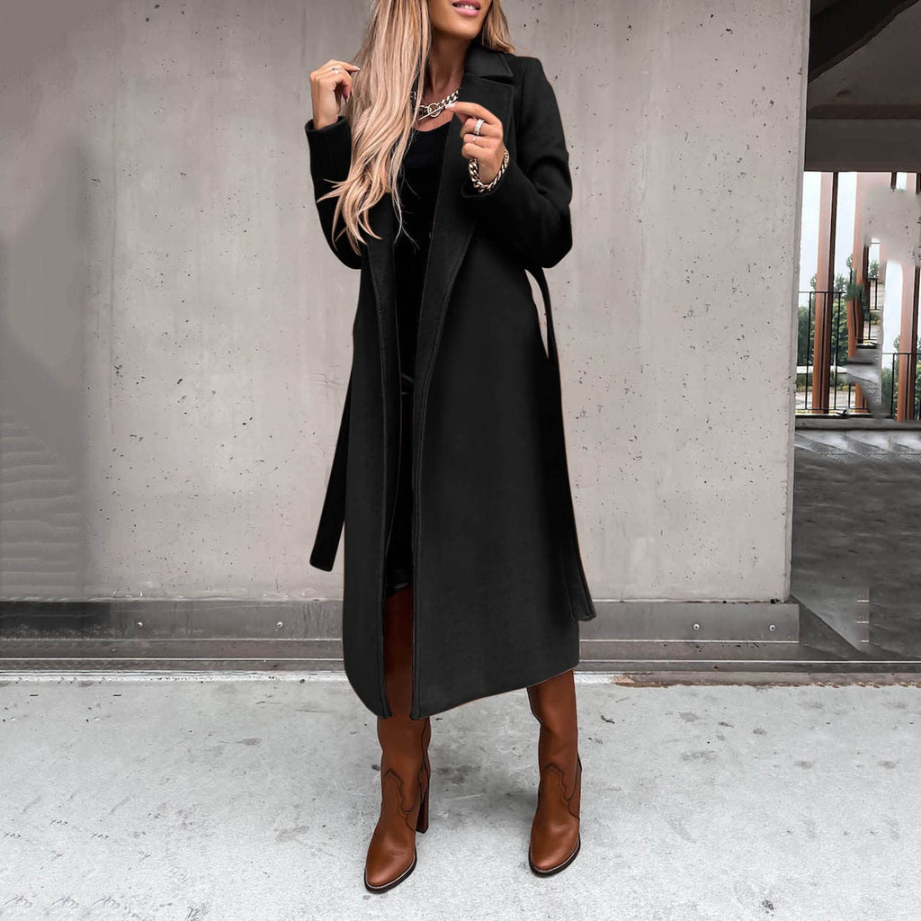 Women's Long Winter Coat, Warm Wool Jacket, Elegant Windbreaker with Thin Lapel, Transitional Fashion