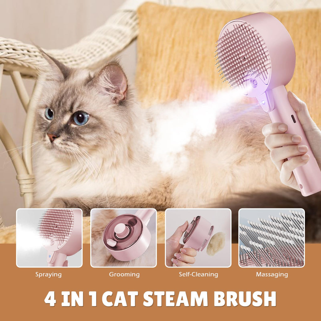 4 in 1 Steam Brush for Cats and Dogs - Self Cleaning with Water Reservoir - Pet Grooming and Massage