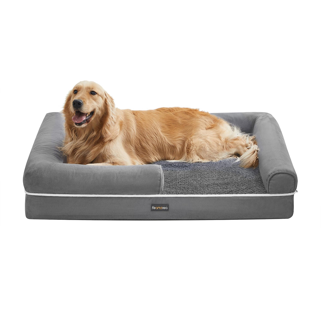 Feandrea Orthopedic Dog Bed, Sofa, Pet Bed, Soft Padding, Raised Edges, Removable and Washable Cover, 122 x 85 x 20 cm, Non-Slip, Osucro Grey PGW078G01