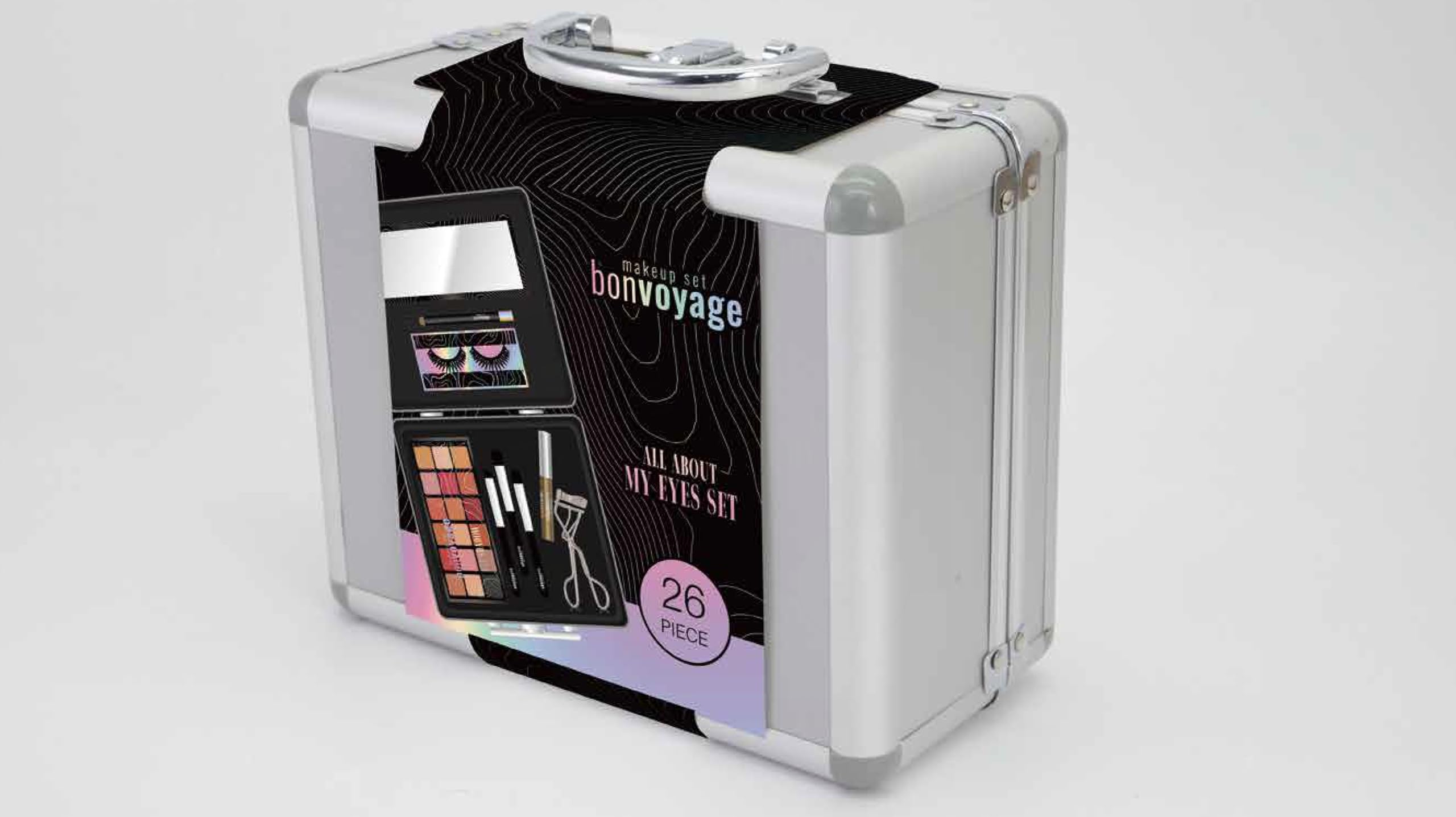 bonvoyage, 43 Piece Women's Makeup Kit, Includes Lipstick, Eyeshadows, Blush, Nail Polish, Mirror, and More, Portable and Lightweight Metal Case, Bon Voyage