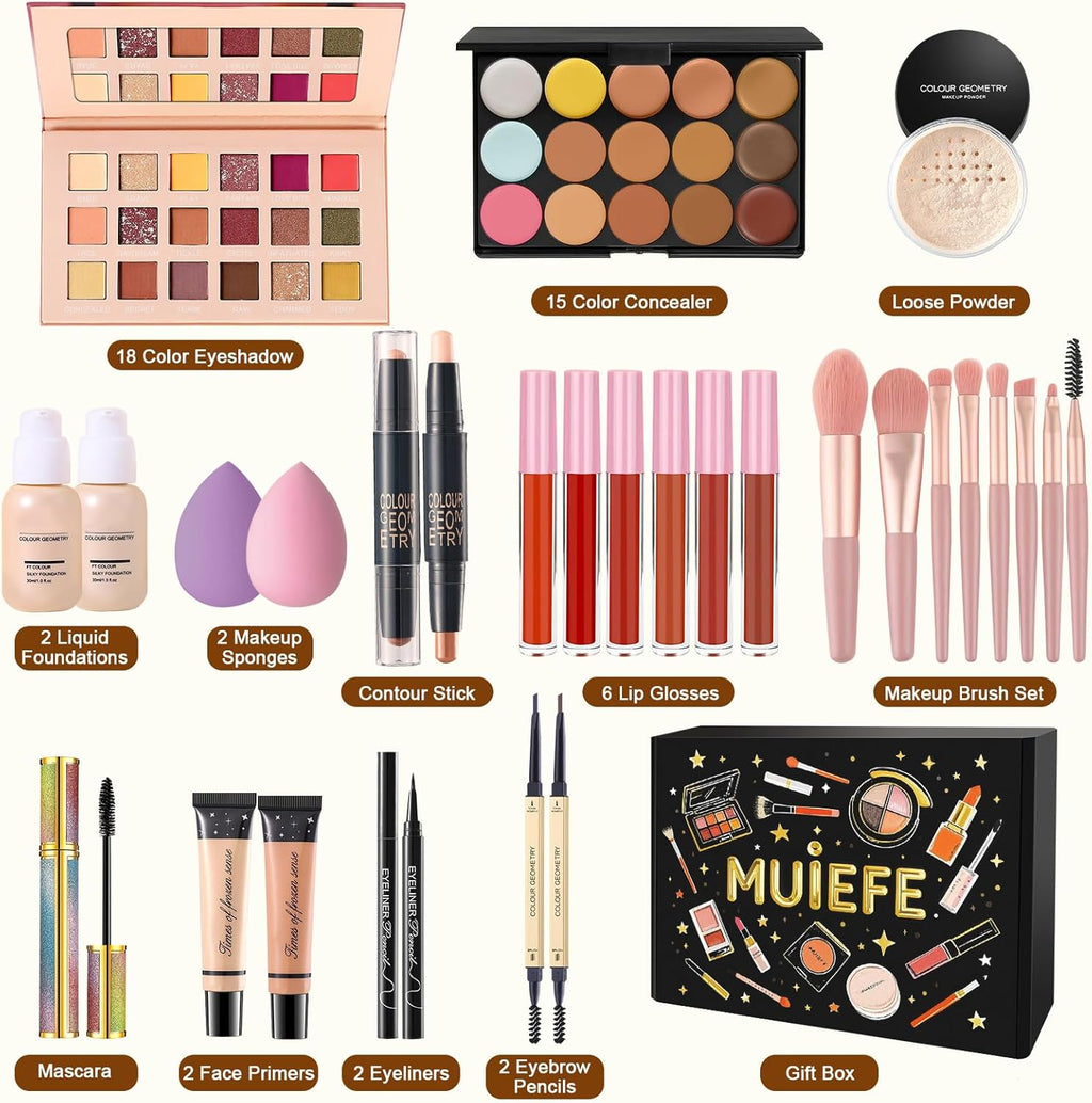 Women's Makeup Kit, Gift Set for Teenagers Girl, Professional Makeup Case Kit Complete with Eye Shadow Palette, Liquid Makeup Foundation, Mascara, Lip Gloss