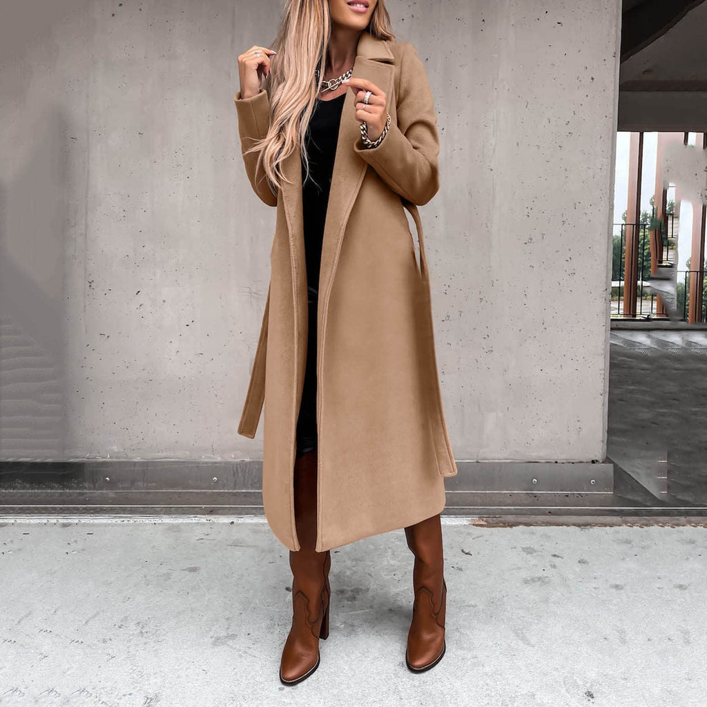 Women's Long Winter Coat, Warm Wool Jacket, Elegant Windbreaker with Thin Lapel, Transitional Fashion