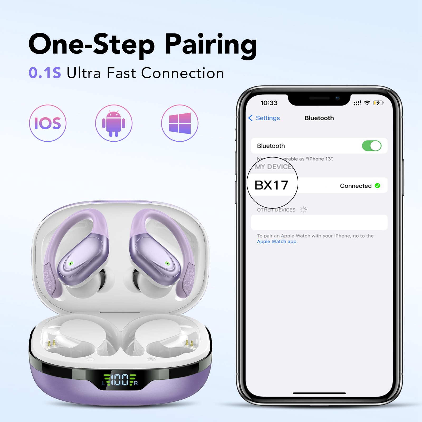 Wireless Headphones, Bluetooth 5.3 Sports Headphones with Ear Hooks, 60H Playback, LED Display, ENC HD Call, Deep Low, Comfortable Fit, IPX7 Waterproof (Black)