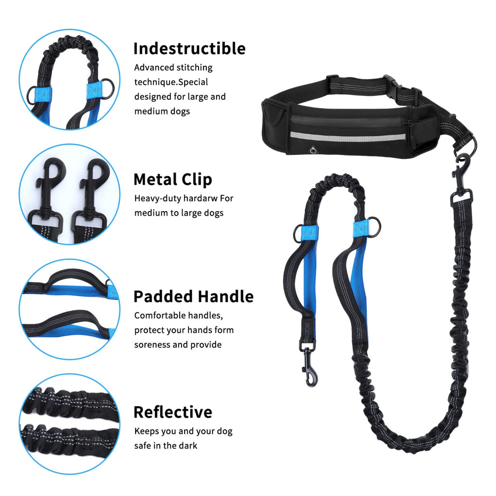 Nobleza Elastic Hands-Free Dog Leash with Pocket, Retractable Dog Leash with Double Elastic Rope, Adjustable Belt, Reflective Band