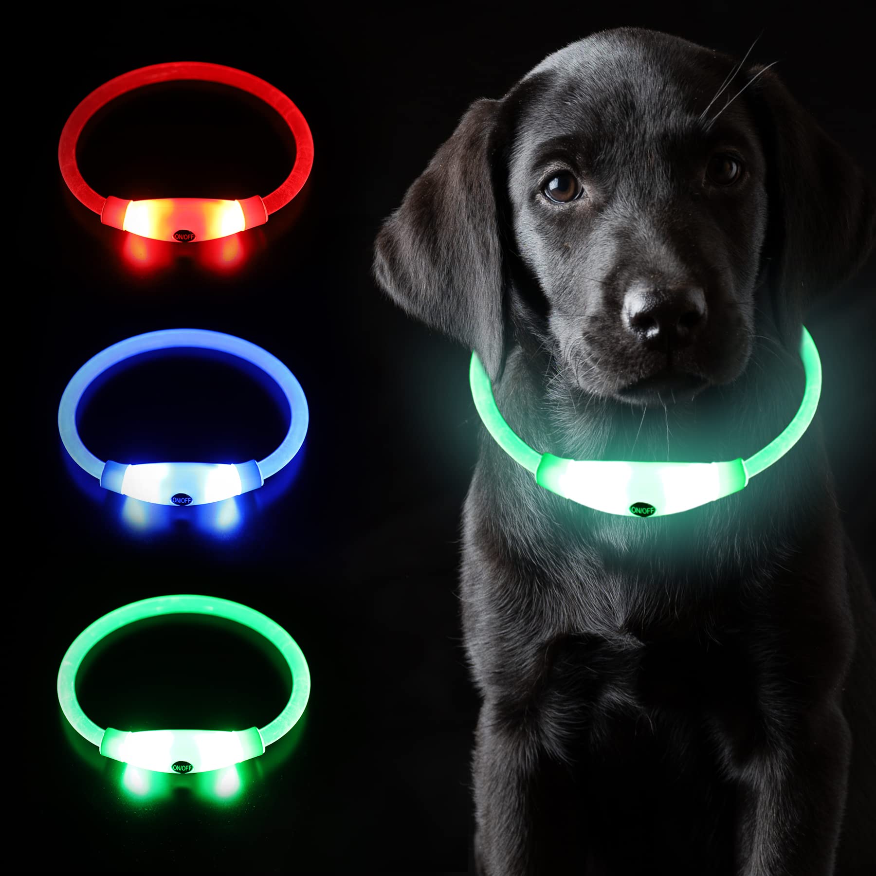 Coolzon Rechargeable and Waterproof Luminous Dog Collar with 3 Light Modes, Adjustable Length LED Collars for Dogs Cats Small Medium Large, Red