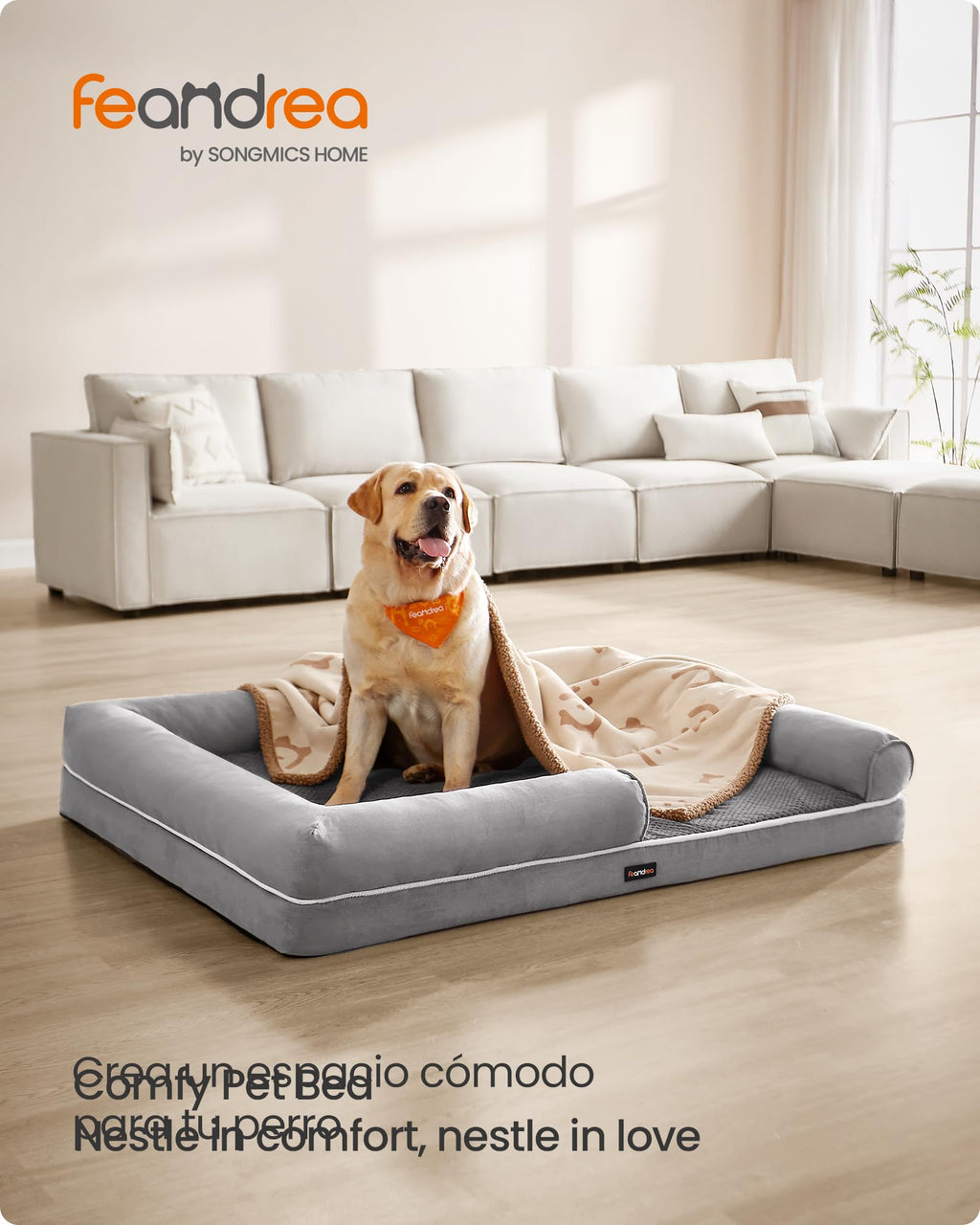 Feandrea Orthopedic Dog Bed, Sofa, Pet Bed, Soft Padding, Raised Edges, Removable and Washable Cover, 122 x 85 x 20 cm, Non-Slip, Osucro Grey PGW078G01