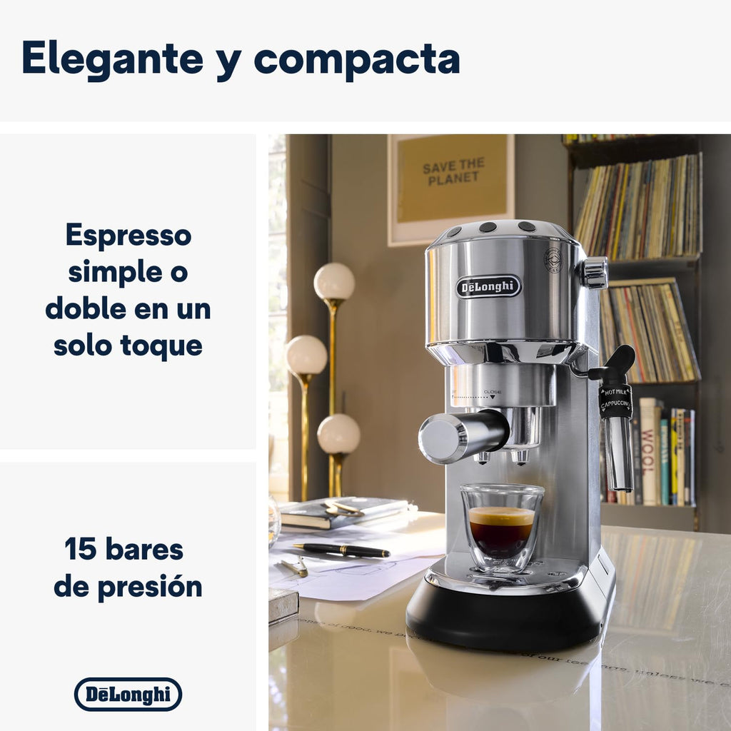 De'Longhi Dedica – Stainless Steel Pump Coffee Maker for Ground Coffee or Single Serve Coffee Maker, Espresso and Cappuccino, 1.3 Liter Reservoir, Anti-Drip System, EC685.BK, Black