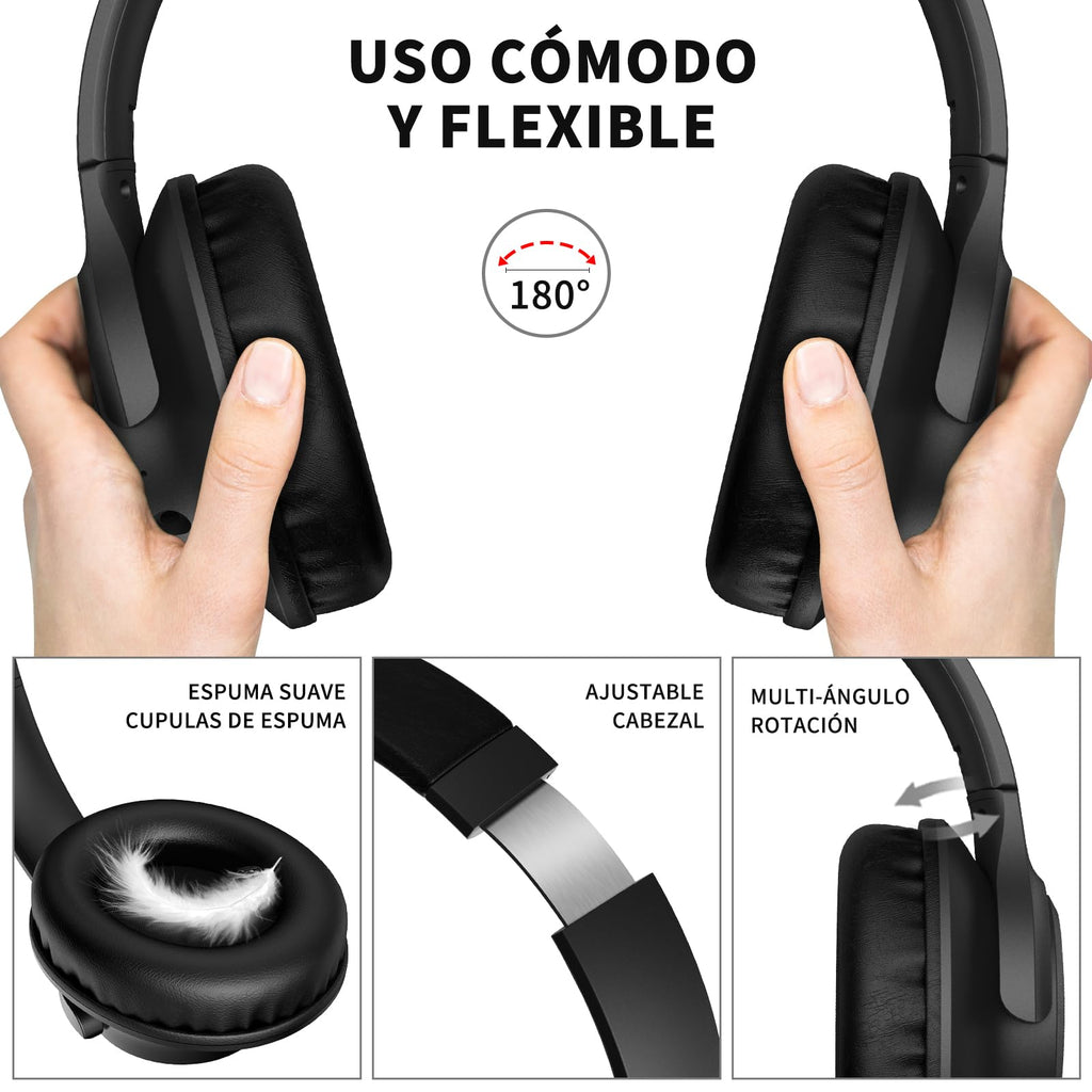 KVIDIO Wireless On-Ear Headphones, 55 Hours Playtime Bluetooth Headphones, Foldable Lightweight Headphones with Microphone, Deep Bass (Black)