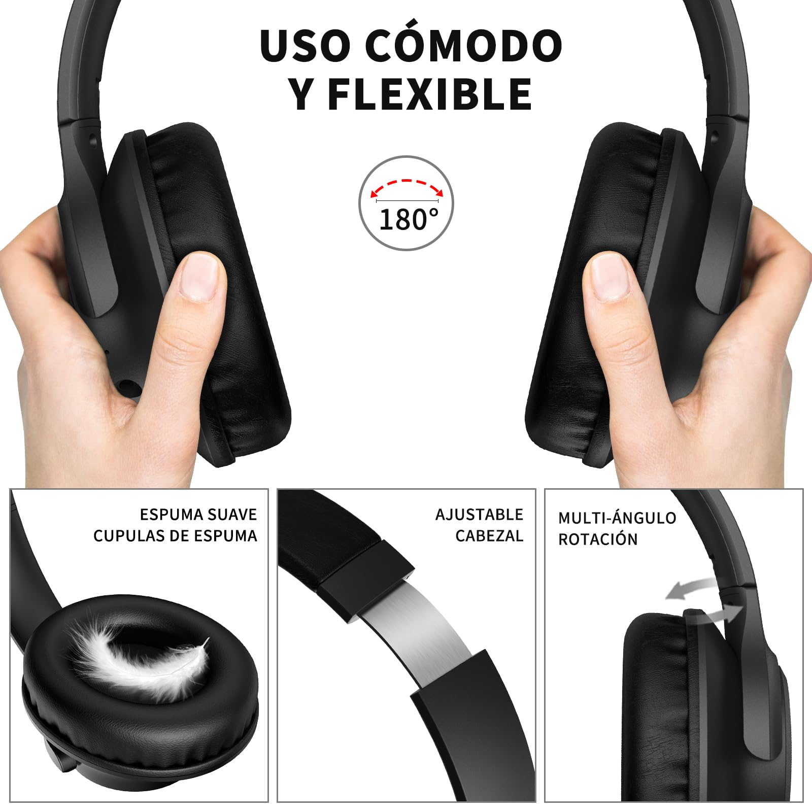 KVIDIO Wireless On-Ear Headphones, 55 Hours Playtime Bluetooth Headphones, Foldable Lightweight Headphones with Microphone, Deep Bass (Black)