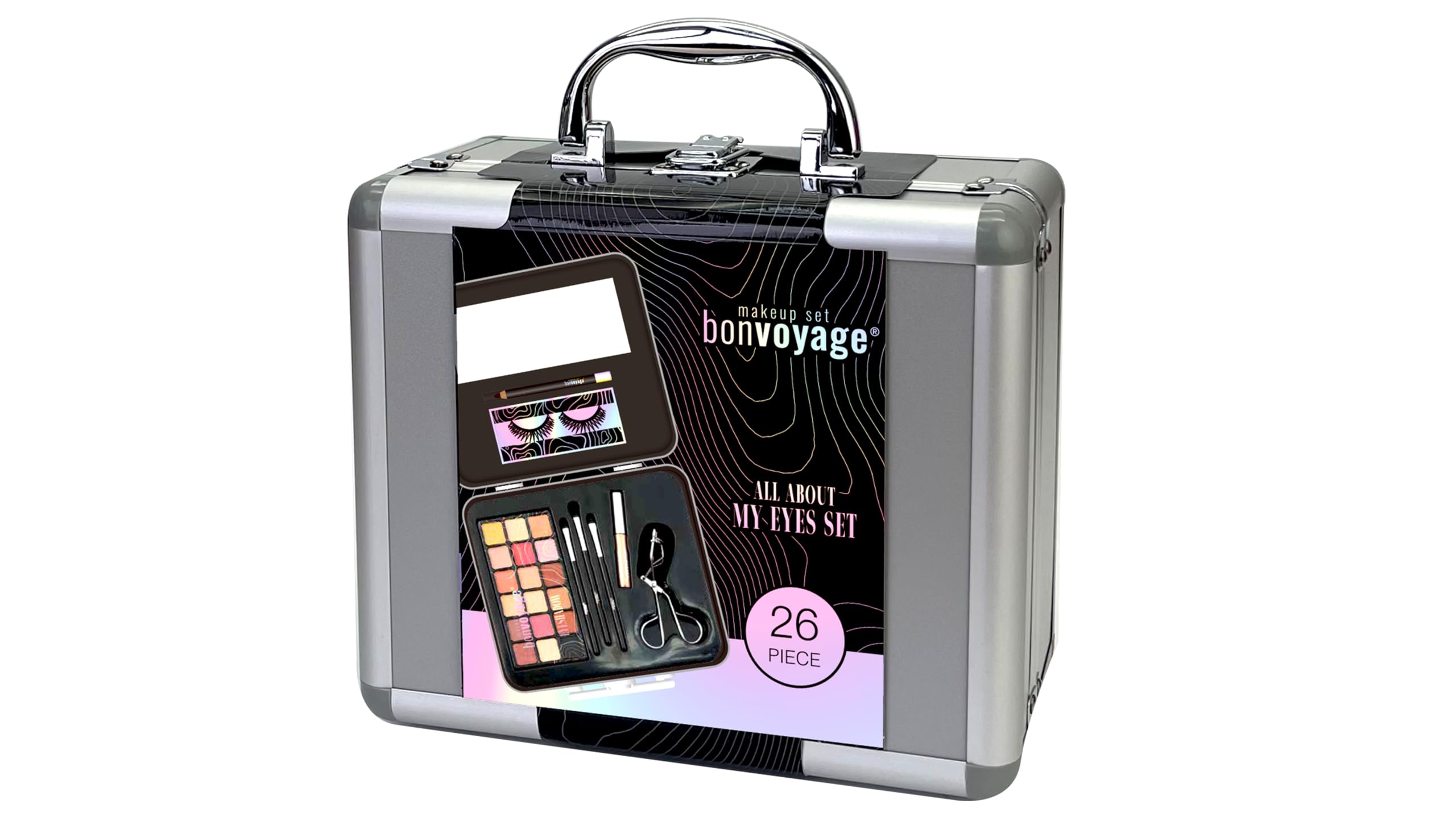 bonvoyage, 43 Piece Women's Makeup Kit, Includes Lipstick, Eyeshadows, Blush, Nail Polish, Mirror, and More, Portable and Lightweight Metal Case, Bon Voyage