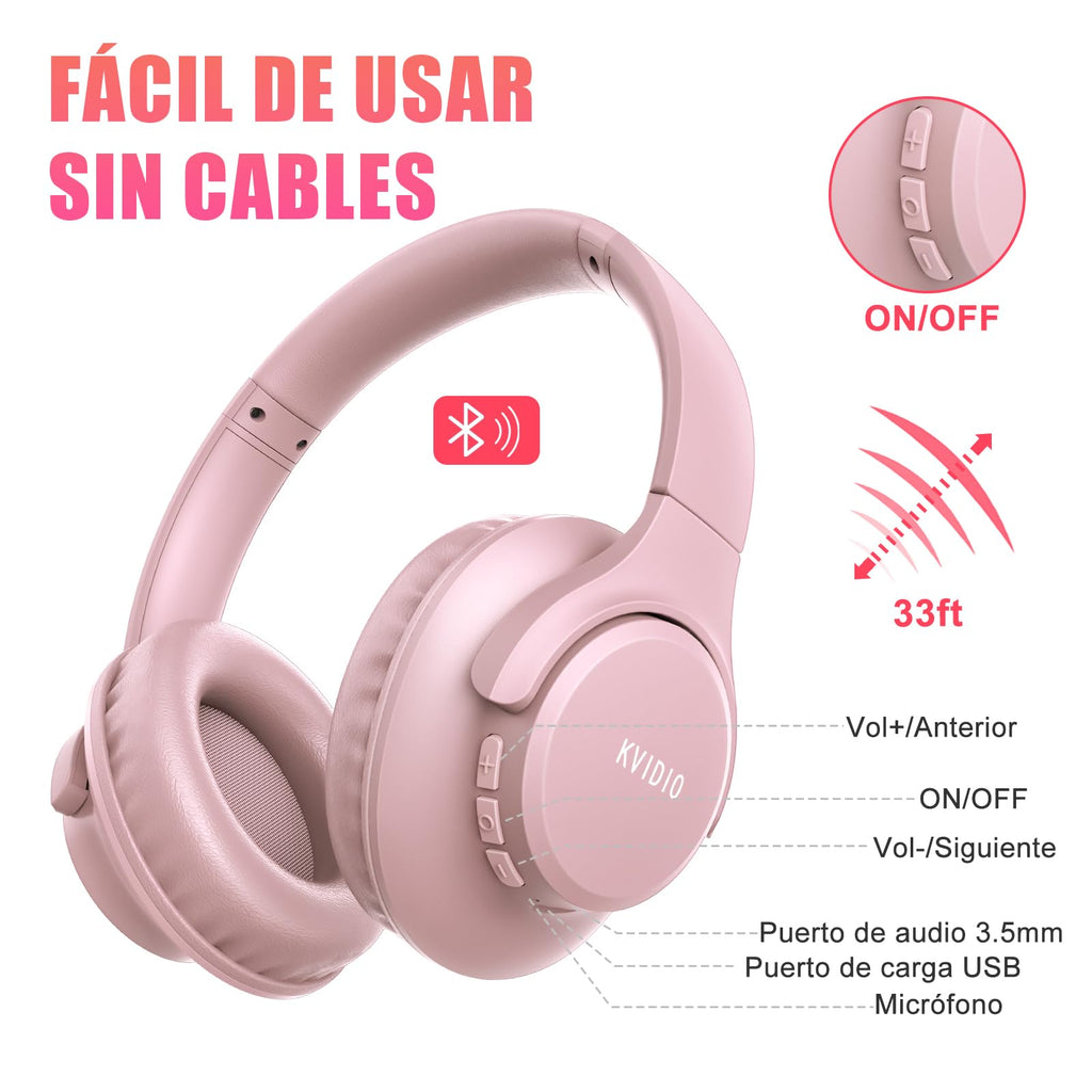 KVIDIO Wireless On-Ear Headphones, 55 Hours Playtime Bluetooth Headphones, Foldable Lightweight Headphones with Microphone, Deep Bass (Black)