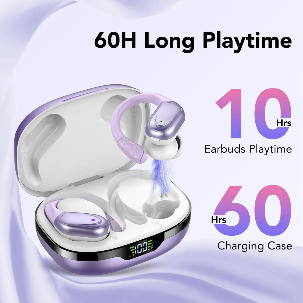 Wireless Headphones, Bluetooth 5.3 Sports Headphones with Ear Hooks, 60H Playback, LED Display, ENC HD Call, Deep Low, Comfortable Fit, IPX7 Waterproof (Black)