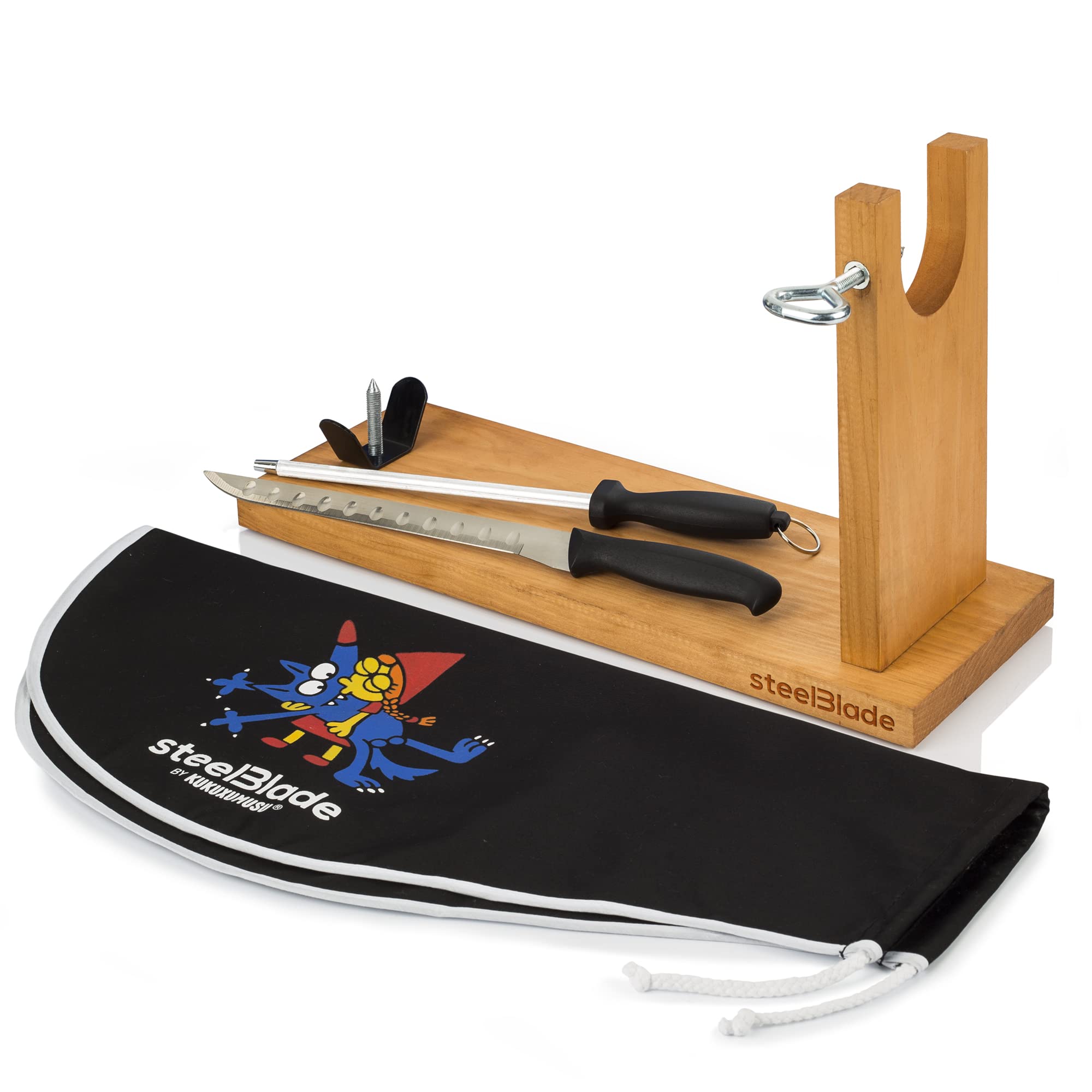 Ham Holder + Kukuxumusu Ham Cover + Ham Knife and Chaira – Ham Holder Made in Spain