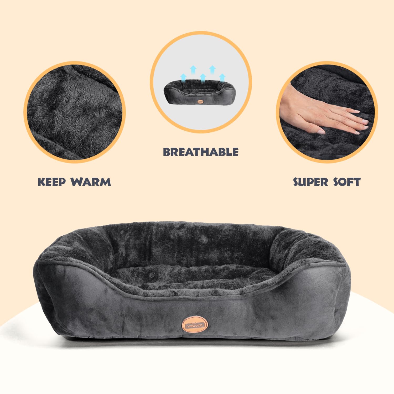 Nobleza Washable Dog Bed, Non-Slip with Super Soft Fibre Filling for Small and Medium Pets, Black, M, 67 x 57 cm