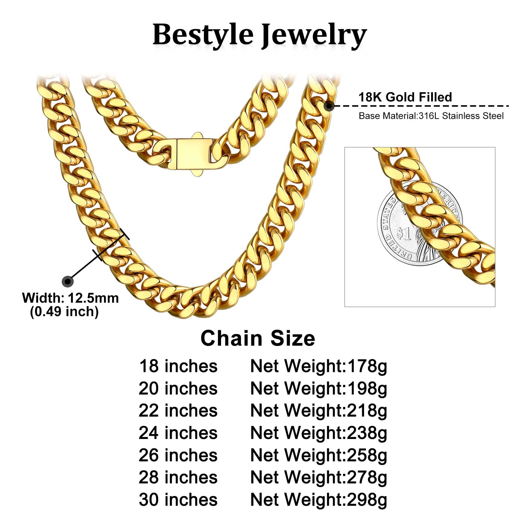 Bestyle Cuban Chain Necklace 5 mm/7 mm/9 mm/12 mm Width Necklace Cuban Miami Chain Length 45-76 cm Necklace Stainless Steel Cuban Chain Silver/Gold/Black Hip Hop Rock Punk Chain