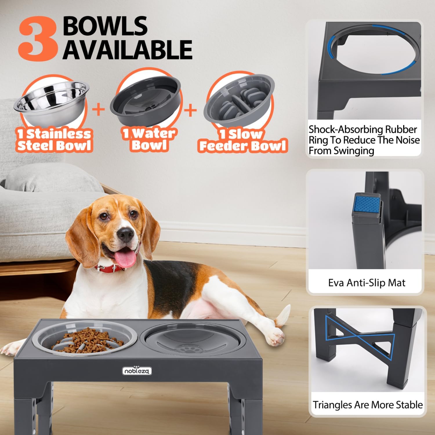 Nobleza Elevated Dog Feeder with 5 Adjustable Heights, 1 x 800 ml Non-Drip Feeder Drinker, 1 x 1100 ml Steel Drinking Bowl and 1 x 800 ml Anti-Dripping Dog Feeder, Grey