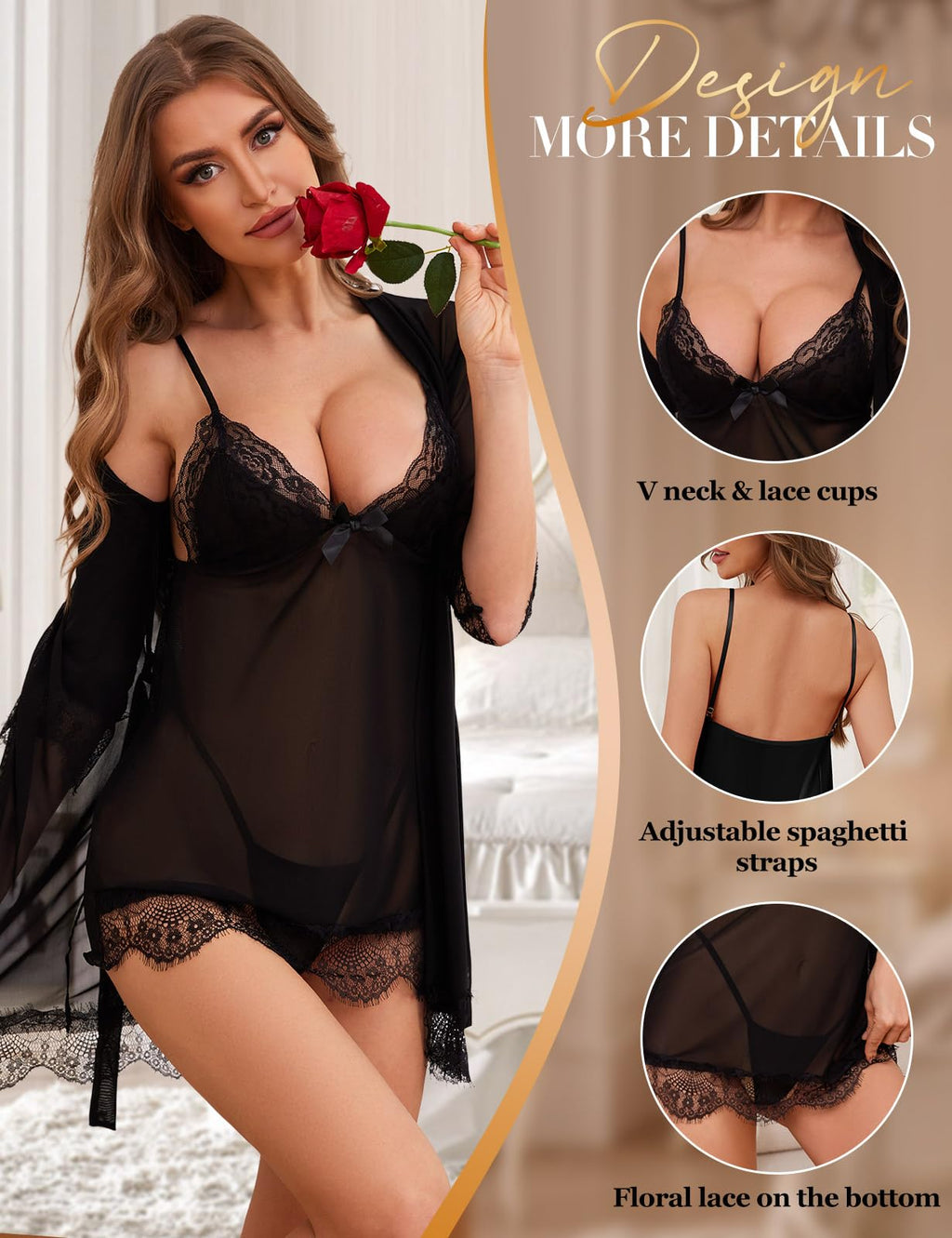 Tuopuda Sexy Lingerie Set for Women Hot 3 Pieces Sleepwear Dress with G-String and Transparent Bathrobes Mesh Babydoll Nightgown Bridal Nightgown Lace Pajamas Sleepwear