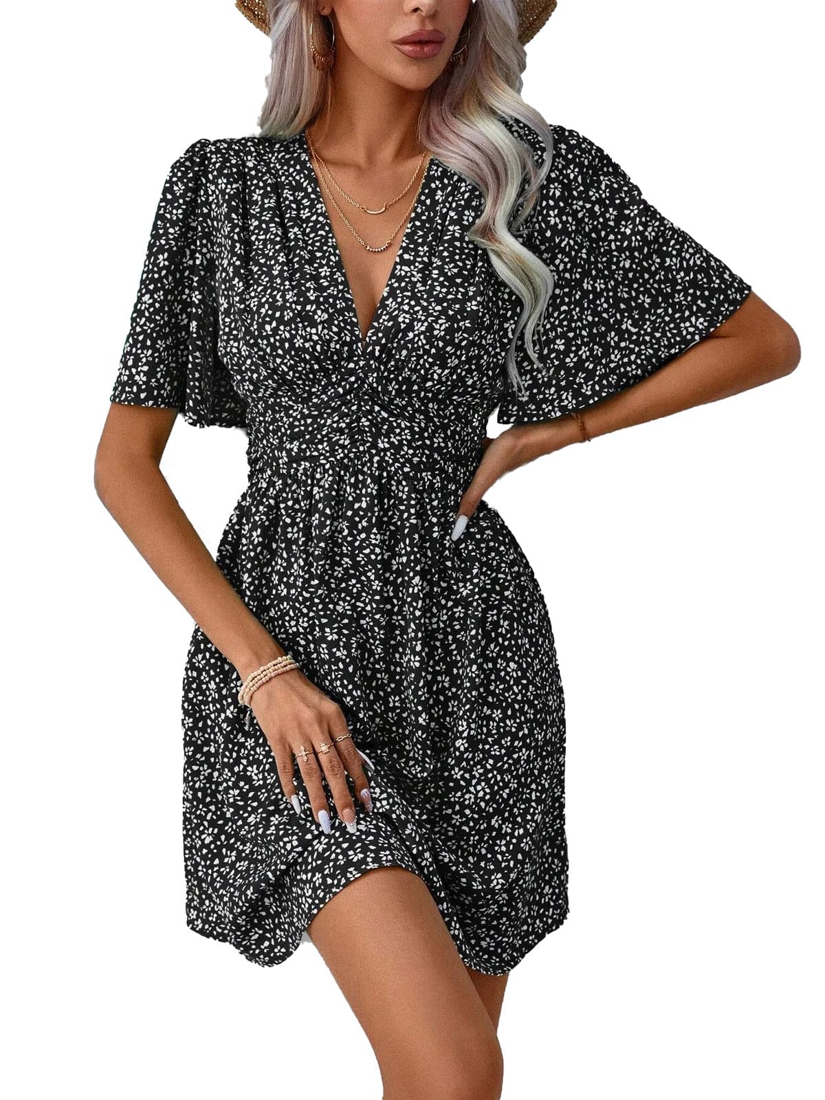 Dress Long Sleeve/Short Sleeve Women Casual Long Dresses V Neck Elegant Lantern Sleeve Dress A-Line Butterfly Sleeves