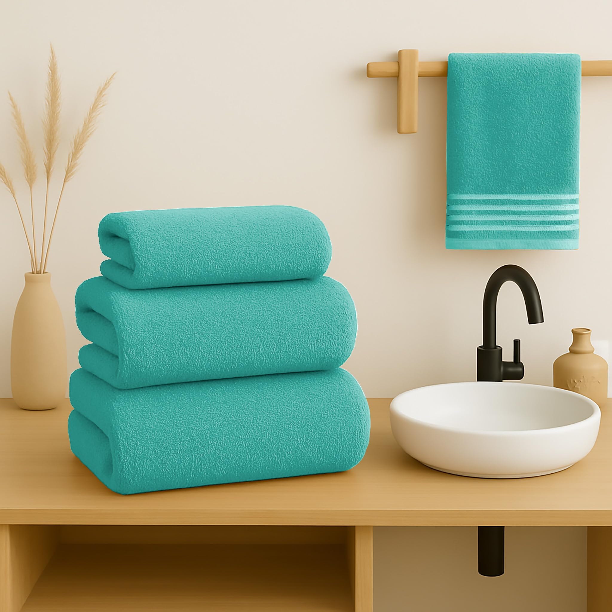 500 g Plain Full Bath Towel Set – Large and Small Terry Towels, 100% Cotton – Pack (2 Washbasin + 2 Shower) – High Absorption – Cotton Towel – Grass