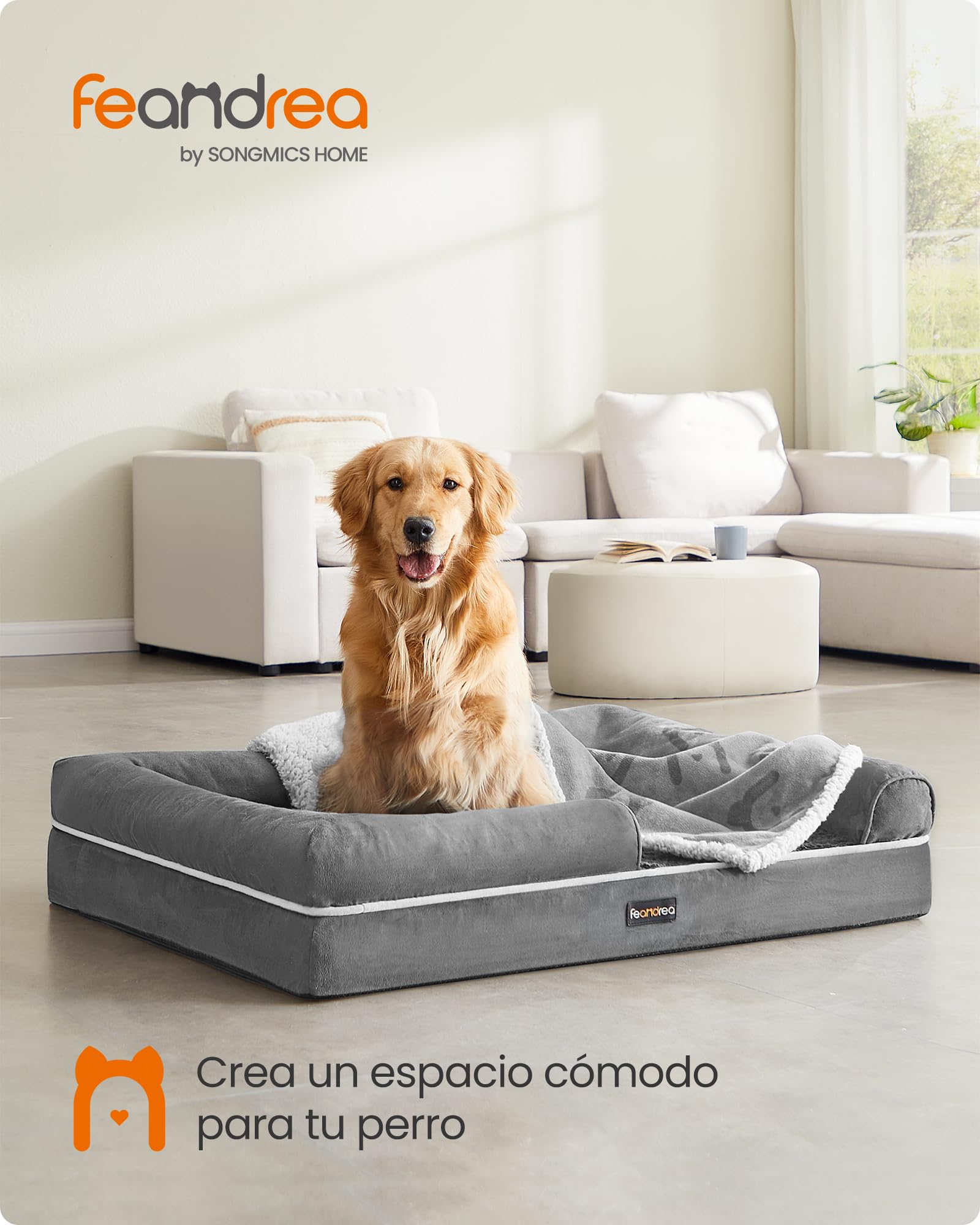 Feandrea Orthopedic Dog Bed, Sofa, Pet Bed, Soft Padding, Raised Edges, Removable and Washable Cover, 122 x 85 x 20 cm, Non-Slip, Osucro Grey PGW078G01