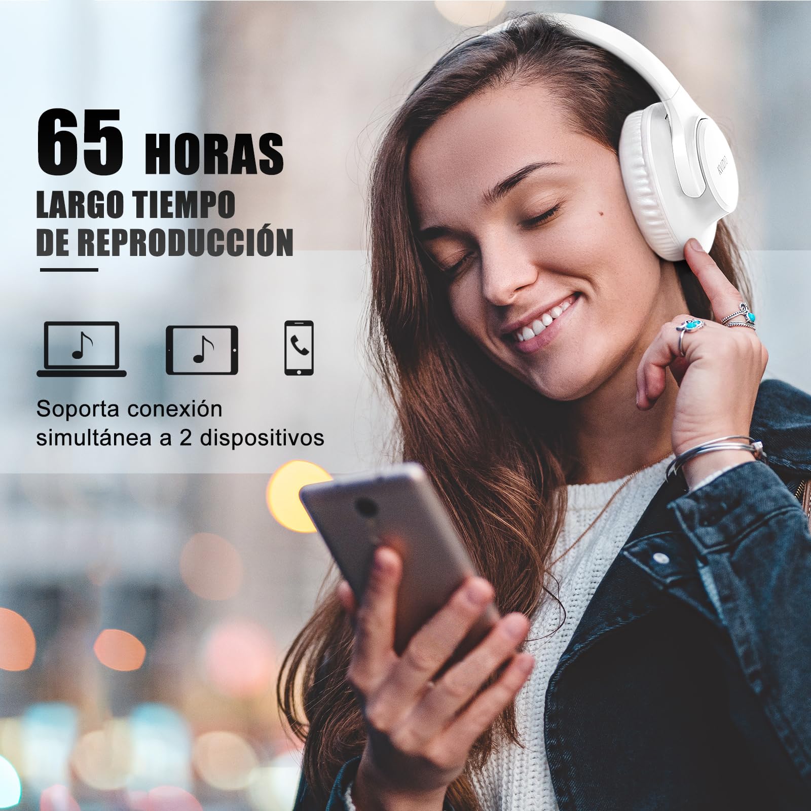 KVIDIO Wireless On-Ear Headphones, 55 Hours Playtime Bluetooth Headphones, Foldable Lightweight Headphones with Microphone, Deep Bass (Black)