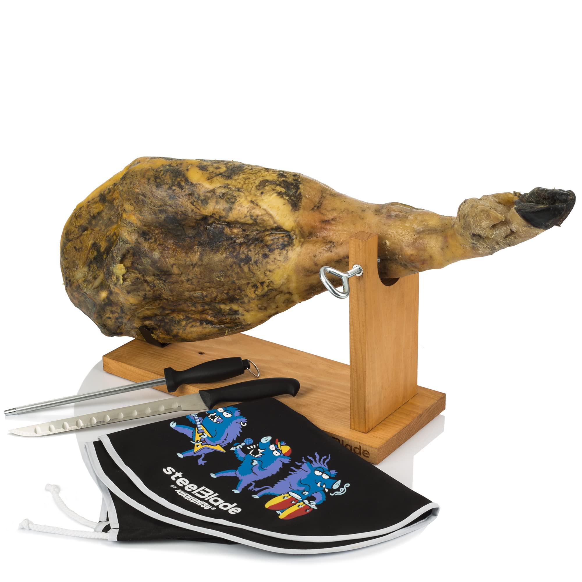 Ham Holder + Kukuxumusu Ham Cover + Ham Knife and Chaira – Ham Holder Made in Spain