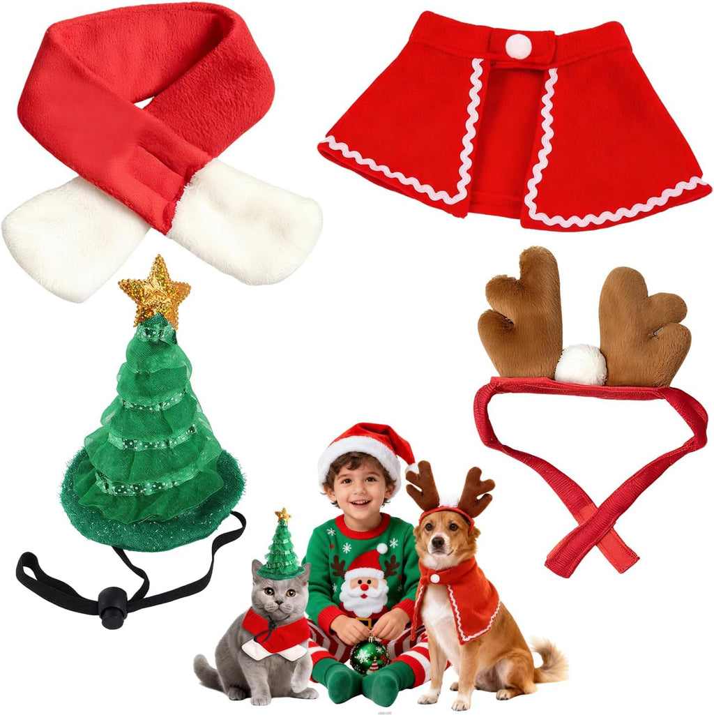 Christmas Costume for Pets, 4 Pieces Christmas Accessories Pet Clothes, Christmas Costumes for Cats Dogs with Hat, Reindeer Antlers Headband, Scarf, Mantle, for Dogs Cats