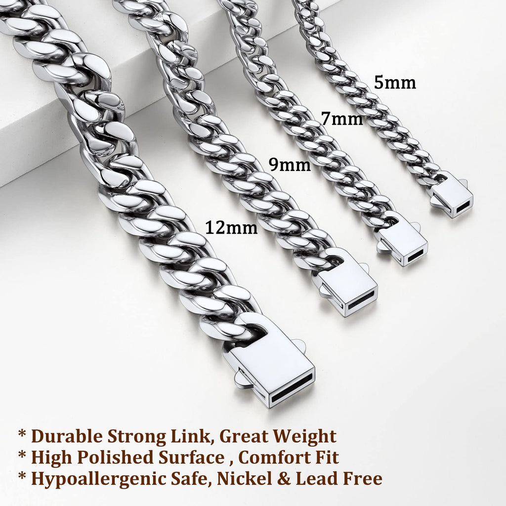 Bestyle Cuban Chain Necklace 5 mm/7 mm/9 mm/12 mm Width Necklace Cuban Miami Chain Length 45-76 cm Necklace Stainless Steel Cuban Chain Silver/Gold/Black Hip Hop Rock Punk Chain