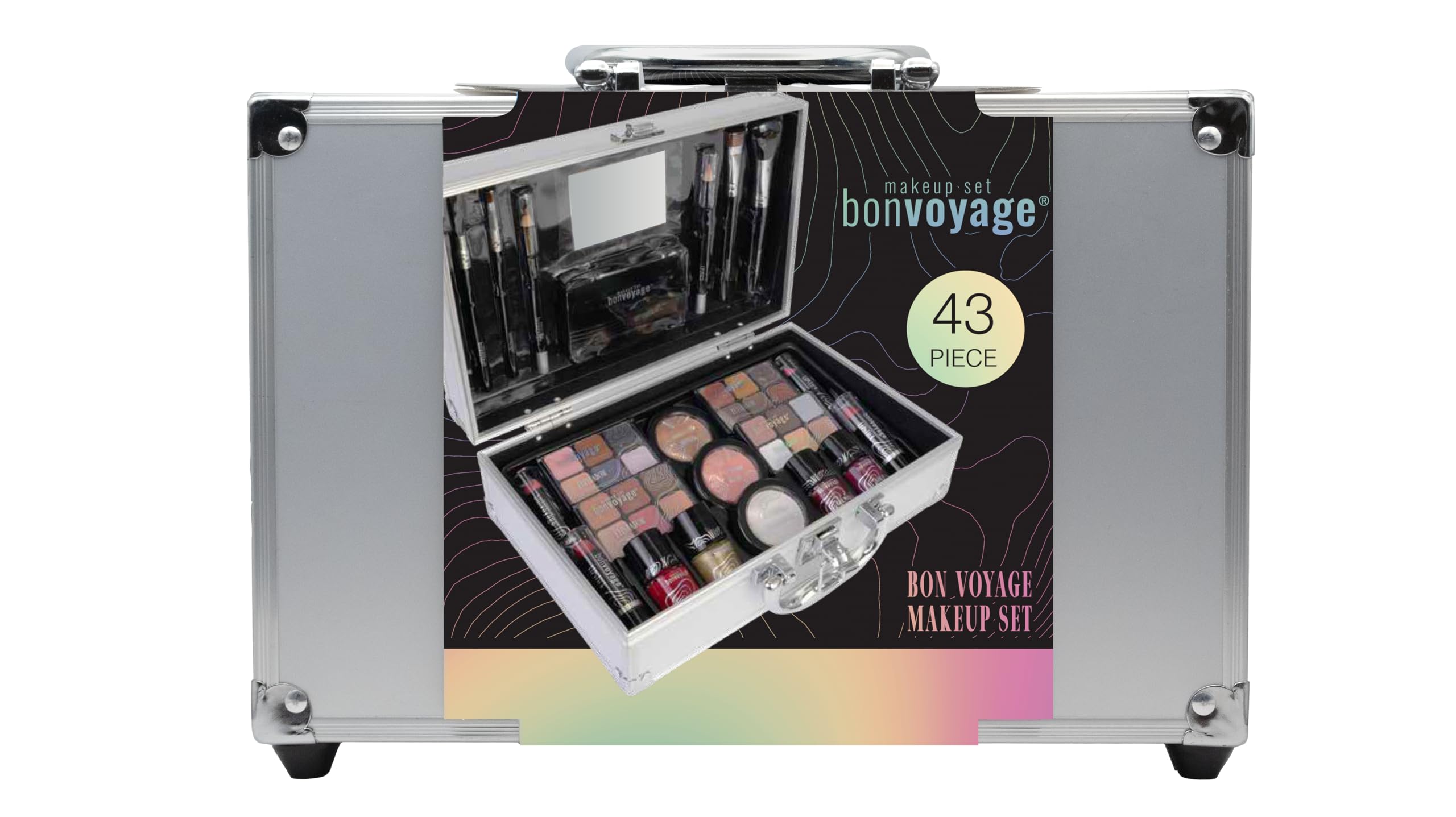 bonvoyage, 43 Piece Women's Makeup Kit, Includes Lipstick, Eyeshadows, Blush, Nail Polish, Mirror, and More, Portable and Lightweight Metal Case, Bon Voyage