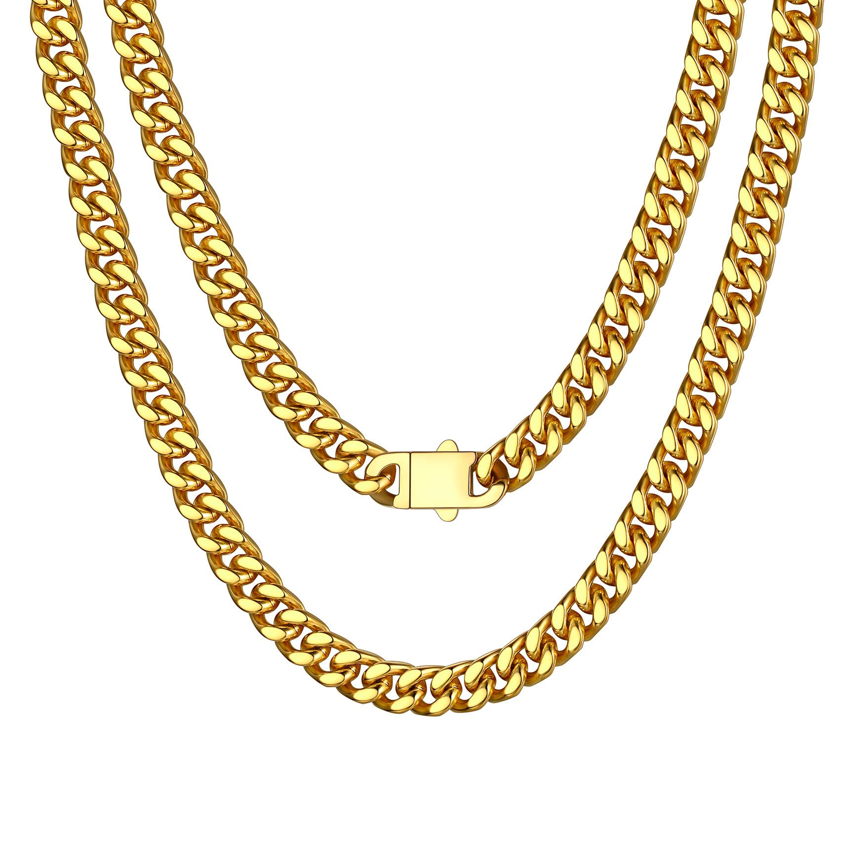 Bestyle Cuban Chain Necklace 5 mm/7 mm/9 mm/12 mm Width Necklace Cuban Miami Chain Length 45-76 cm Necklace Stainless Steel Cuban Chain Silver/Gold/Black Hip Hop Rock Punk Chain