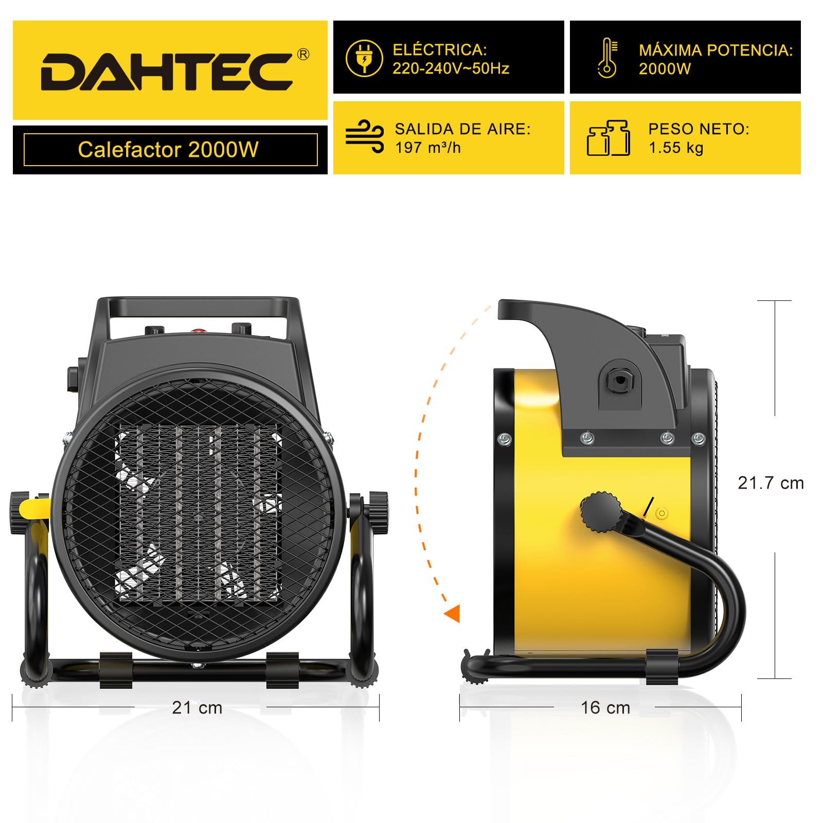 Ceramic Heater 2000W - Low Consumption - Portable Electric Radiator - Fast Heating in 3 s - Suitable for Homes, Bathrooms and Construction Sites