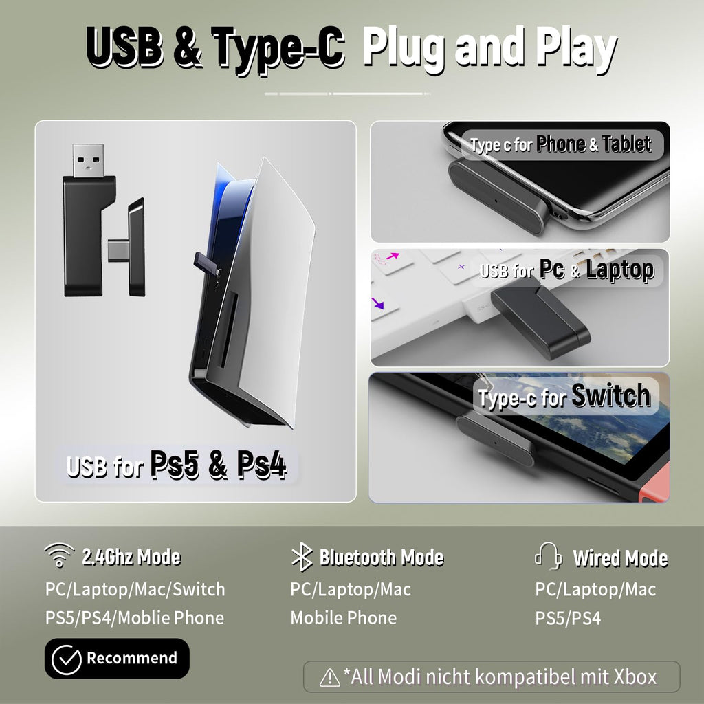 Ozeino Wireless Gaming Headset for PC/Ps5/Ps4, 2.4GHz Wireless+Bluetooth Wireless Gaming Headphones, Low Latency Lossless Sound Quality, 30Hr+ Duration