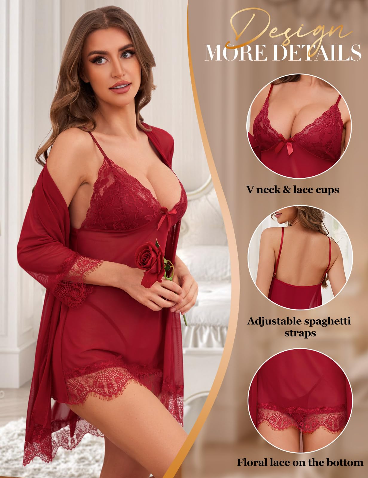 Tuopuda Sexy Lingerie Set for Women Hot 3 Pieces Sleepwear Dress with G-String and Transparent Bathrobes Mesh Babydoll Nightgown Bridal Nightgown Lace Pajamas Sleepwear