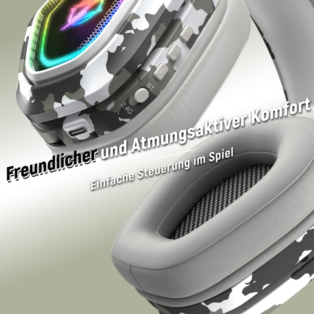 Ozeino Wireless Gaming Headset for PC/Ps5/Ps4, 2.4GHz Wireless+Bluetooth Wireless Gaming Headphones, Low Latency Lossless Sound Quality, 30Hr+ Duration