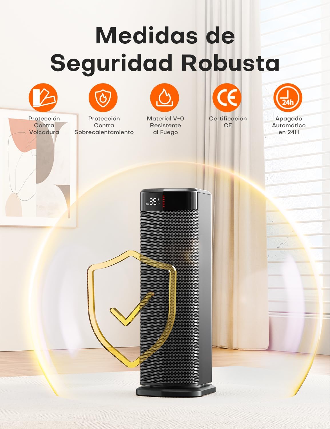 Low Consumption Heater, 2000W PTC Heater, 4 Modes, ECO Mode, Thermostat, 90° Oscillation, 24H Timer, Remote Control, Tip-Over Protection and Overheating for Indoor