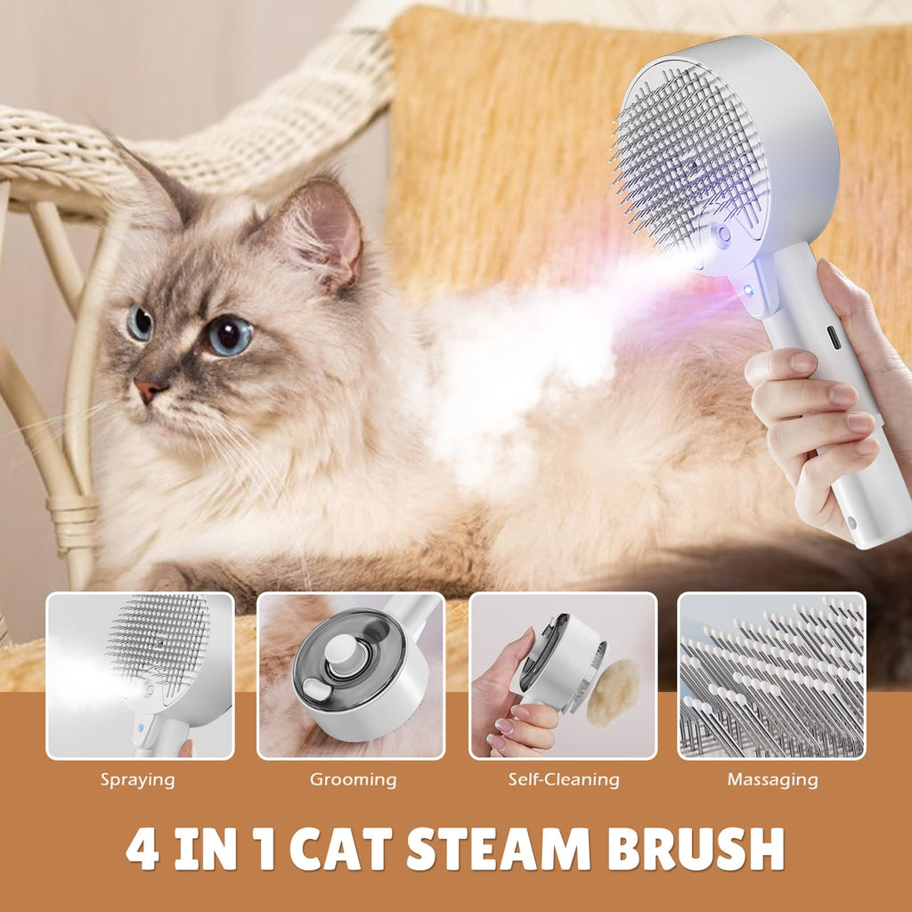 4 in 1 Steam Brush for Cats and Dogs - Self Cleaning with Water Reservoir - Pet Grooming and Massage