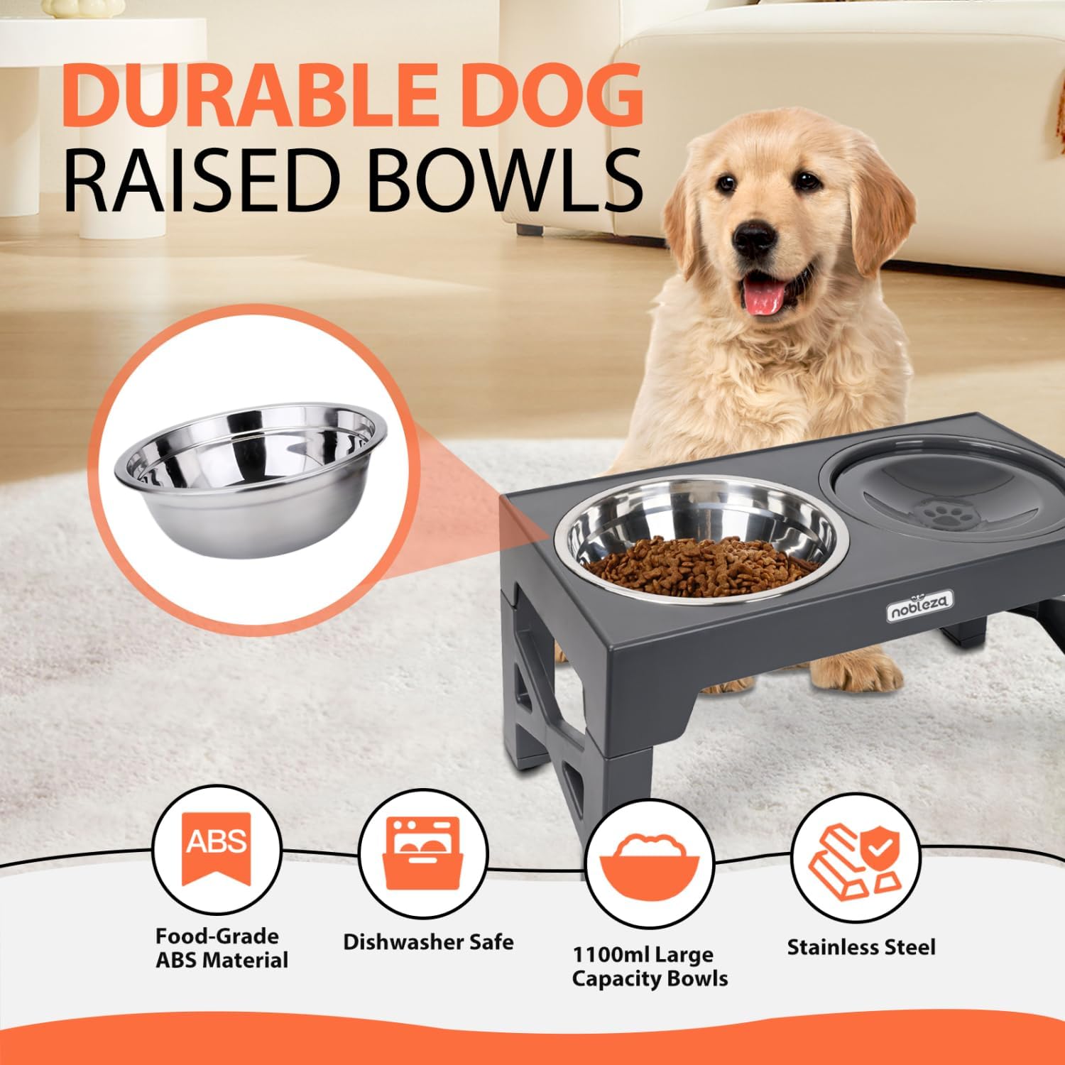 Nobleza Elevated Dog Feeder with 5 Adjustable Heights, 1 x 800 ml Non-Drip Feeder Drinker, 1 x 1100 ml Steel Drinking Bowl and 1 x 800 ml Anti-Dripping Dog Feeder, Grey