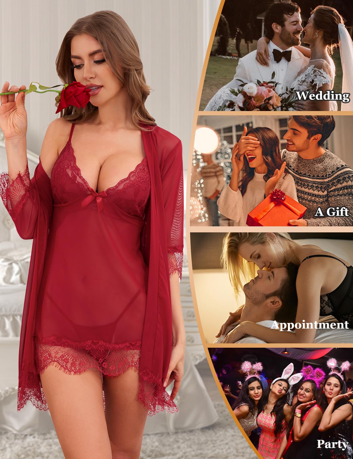 Tuopuda Sexy Lingerie Set for Women Hot 3 Pieces Sleepwear Dress with G-String and Transparent Bathrobes Mesh Babydoll Nightgown Bridal Nightgown Lace Pajamas Sleepwear