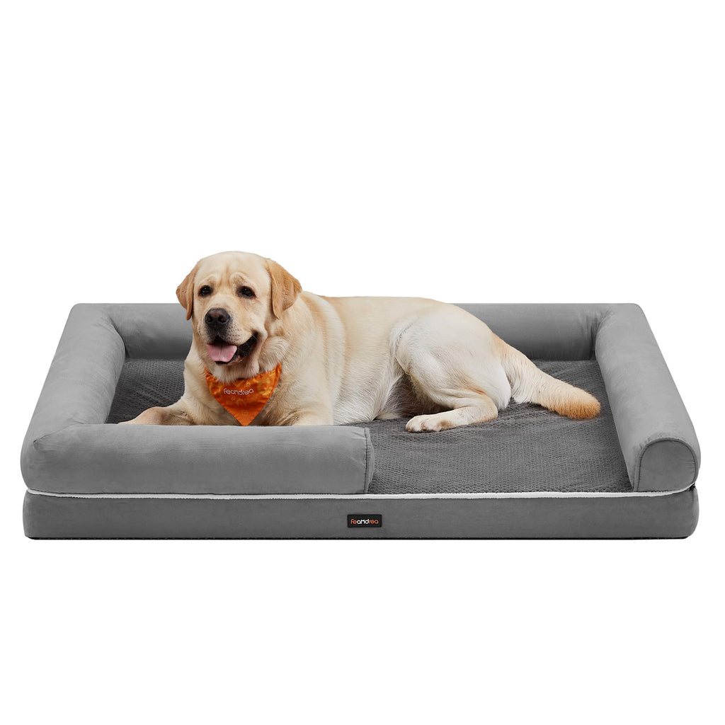 Feandrea Orthopedic Dog Bed, Sofa, Pet Bed, Soft Padding, Raised Edges, Removable and Washable Cover, 122 x 85 x 20 cm, Non-Slip, Osucro Grey PGW078G01