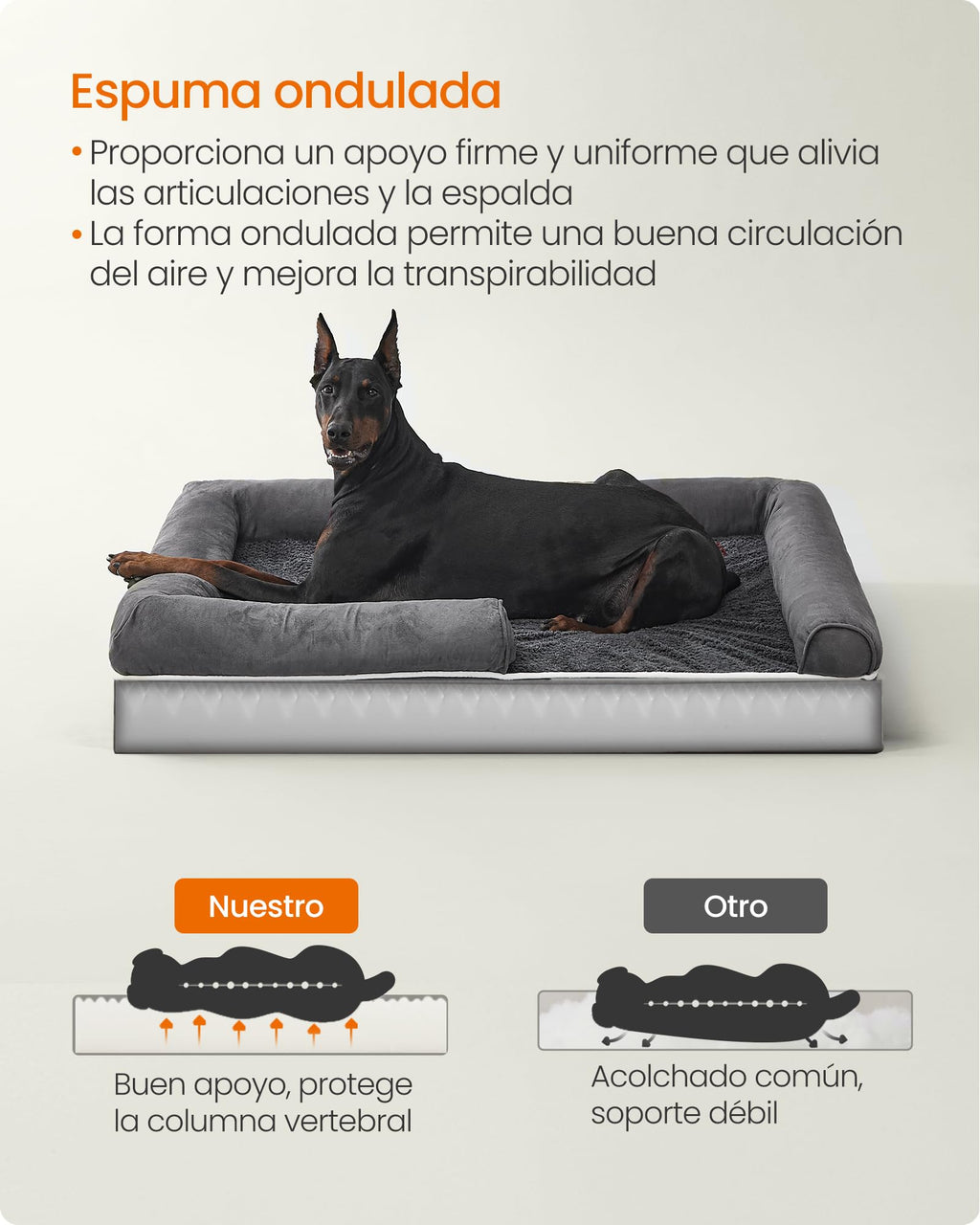 Feandrea Orthopedic Dog Bed, Sofa, Pet Bed, Soft Padding, Raised Edges, Removable and Washable Cover, 122 x 85 x 20 cm, Non-Slip, Osucro Grey PGW078G01