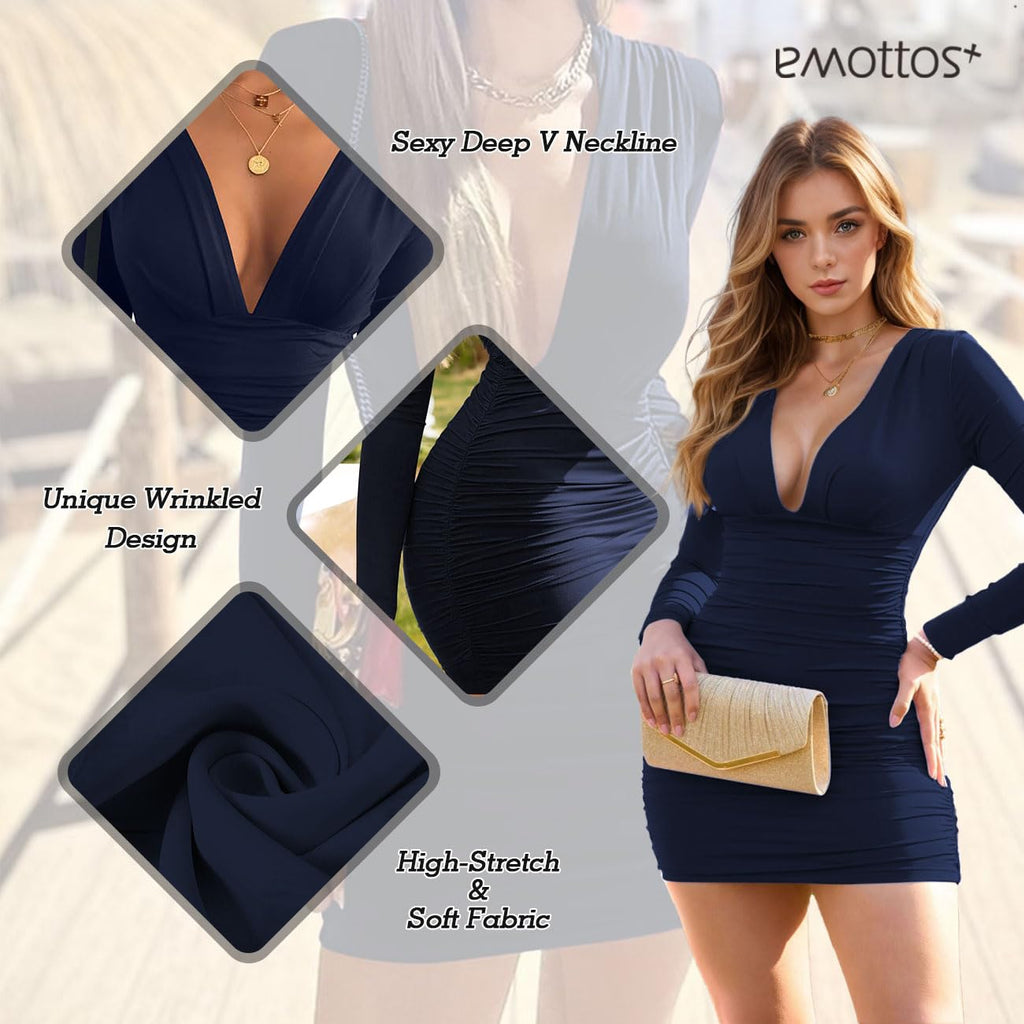 Women Mini Wrap Dress, Sexy Hip-Hugging Ruched Dresses, Soft Deep V Neck/One Shoulder Bodycon Long Sleeve Pencil Dress, Club Cocktail Party Dress(2 Style, S-L)