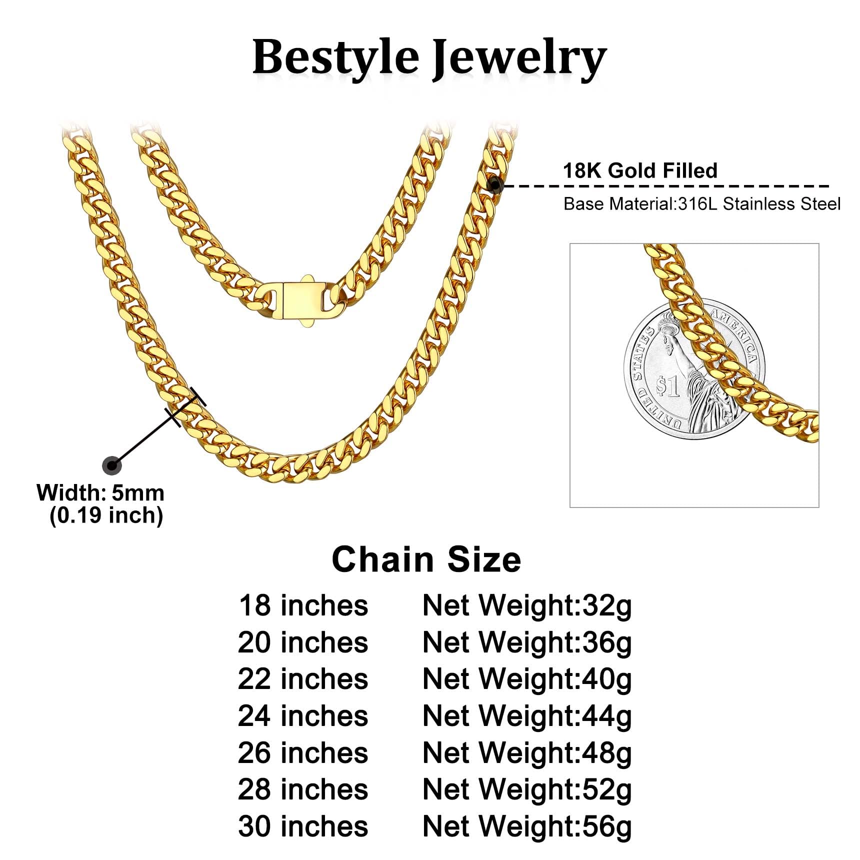 Bestyle Cuban Chain Necklace 5 mm/7 mm/9 mm/12 mm Width Necklace Cuban Miami Chain Length 45-76 cm Necklace Stainless Steel Cuban Chain Silver/Gold/Black Hip Hop Rock Punk Chain