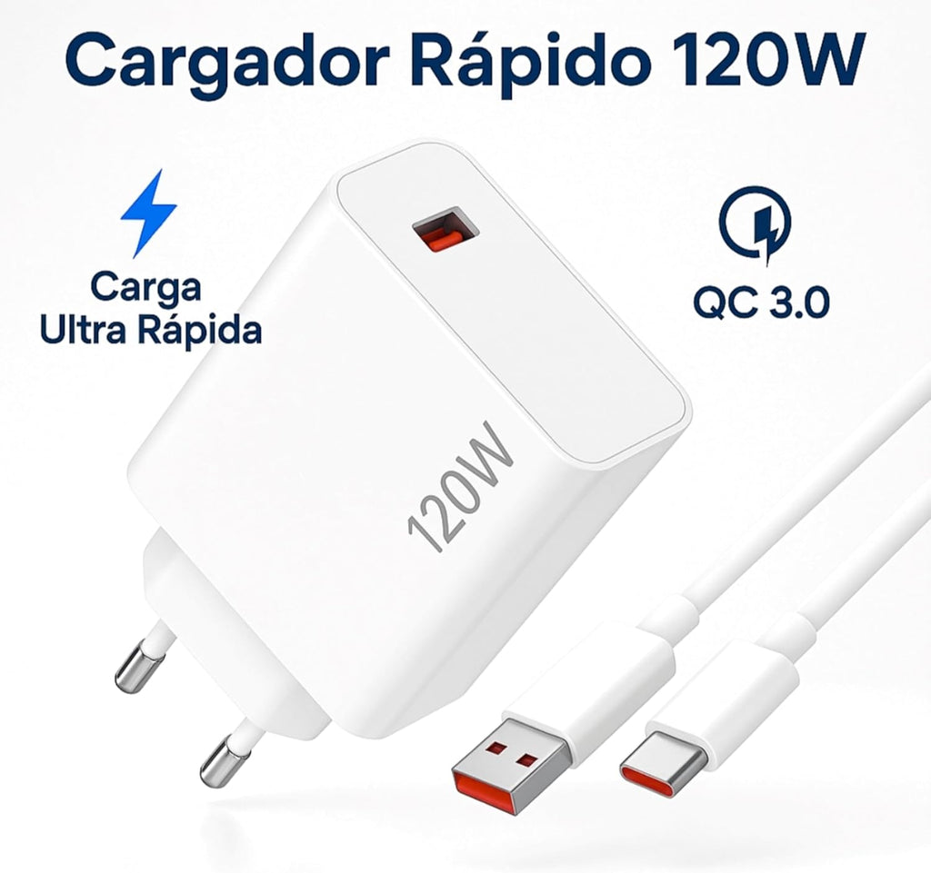 Quick Charge Charger 120 W USB-C Cable 1 Meter, 6 A, Ultra Fast Charging QC 3.0, Compatible, for Xiaomi, Redmin Note, Poco.