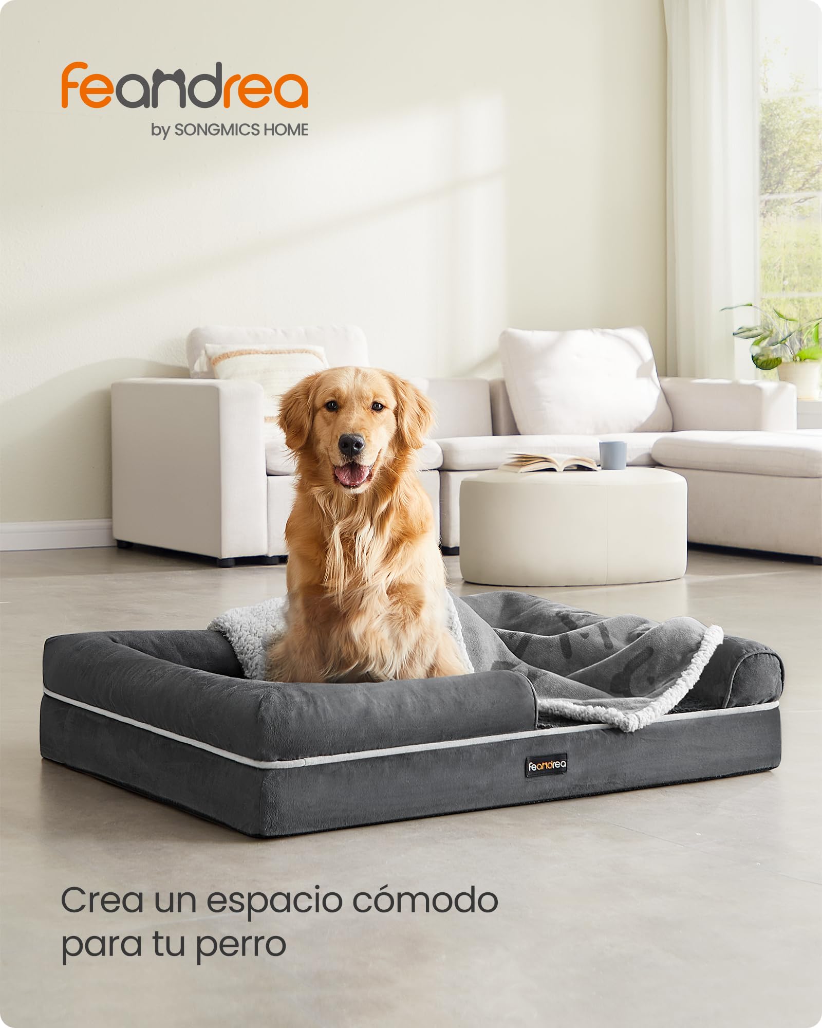 Feandrea Orthopedic Dog Bed, Sofa, Pet Bed, Soft Padding, Raised Edges, Removable and Washable Cover, 122 x 85 x 20 cm, Non-Slip, Osucro Grey PGW078G01