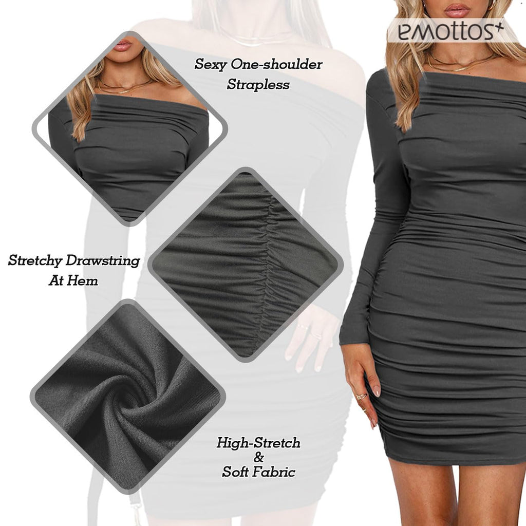 Women Mini Wrap Dress, Sexy Hip-Hugging Ruched Dresses, Soft Deep V Neck/One Shoulder Bodycon Long Sleeve Pencil Dress, Club Cocktail Party Dress(2 Style, S-L)