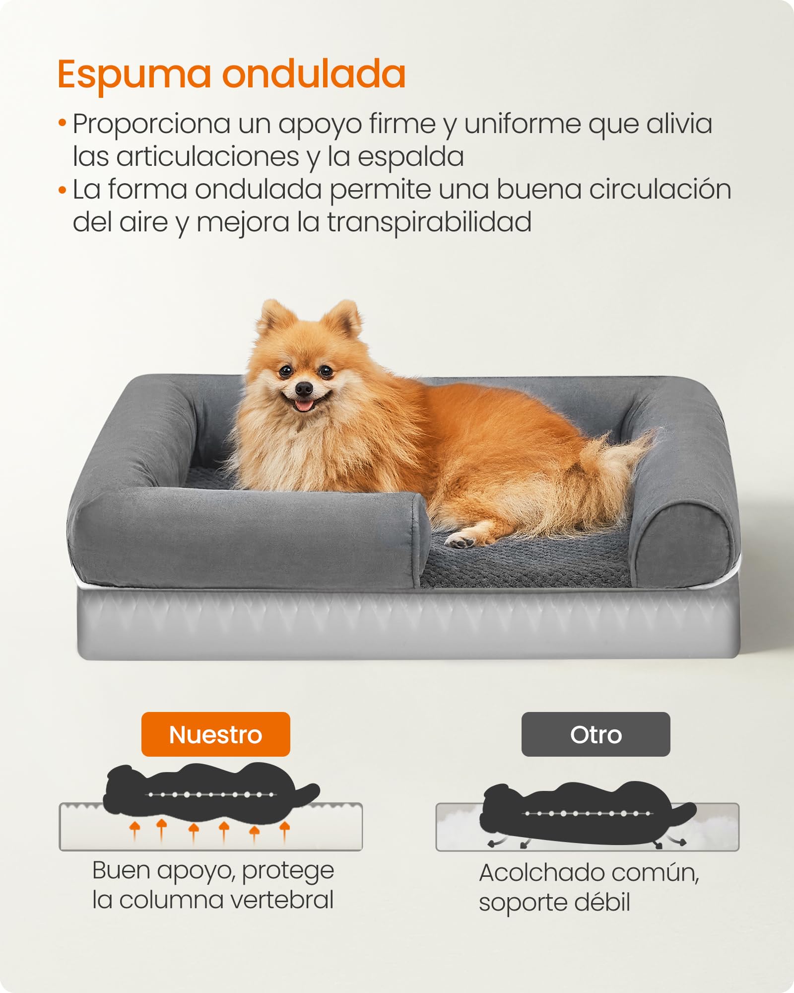 Feandrea Orthopedic Dog Bed, Sofa, Pet Bed, Soft Padding, Raised Edges, Removable and Washable Cover, 122 x 85 x 20 cm, Non-Slip, Osucro Grey PGW078G01