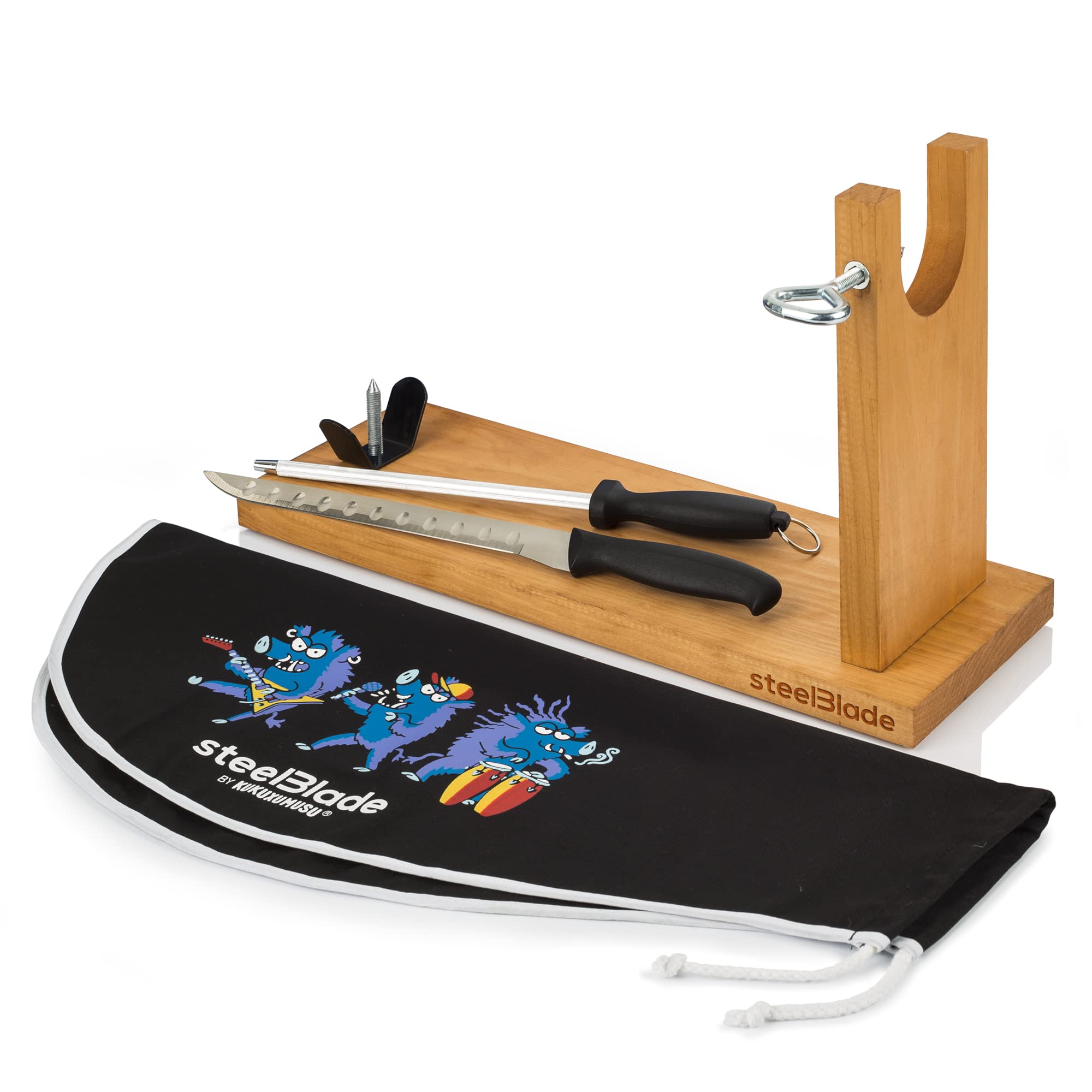 Ham Holder + Kukuxumusu Ham Cover + Ham Knife and Chaira – Ham Holder Made in Spain