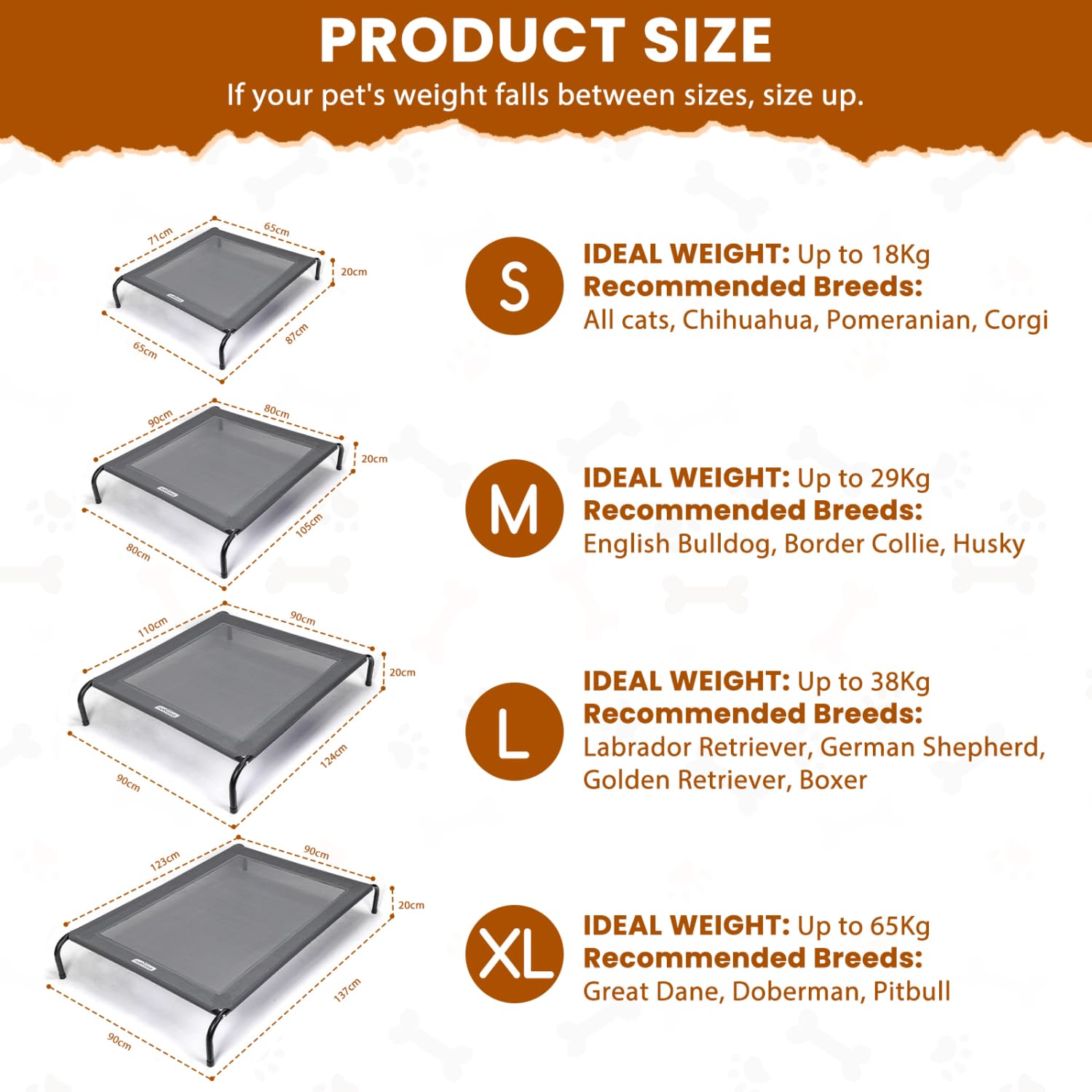 Nobleza Washable Raised Dog Bed, Cooling and Breathable for Outdoor and Indoor, Robust, Grey, L, 124 x 90 x 20 cm